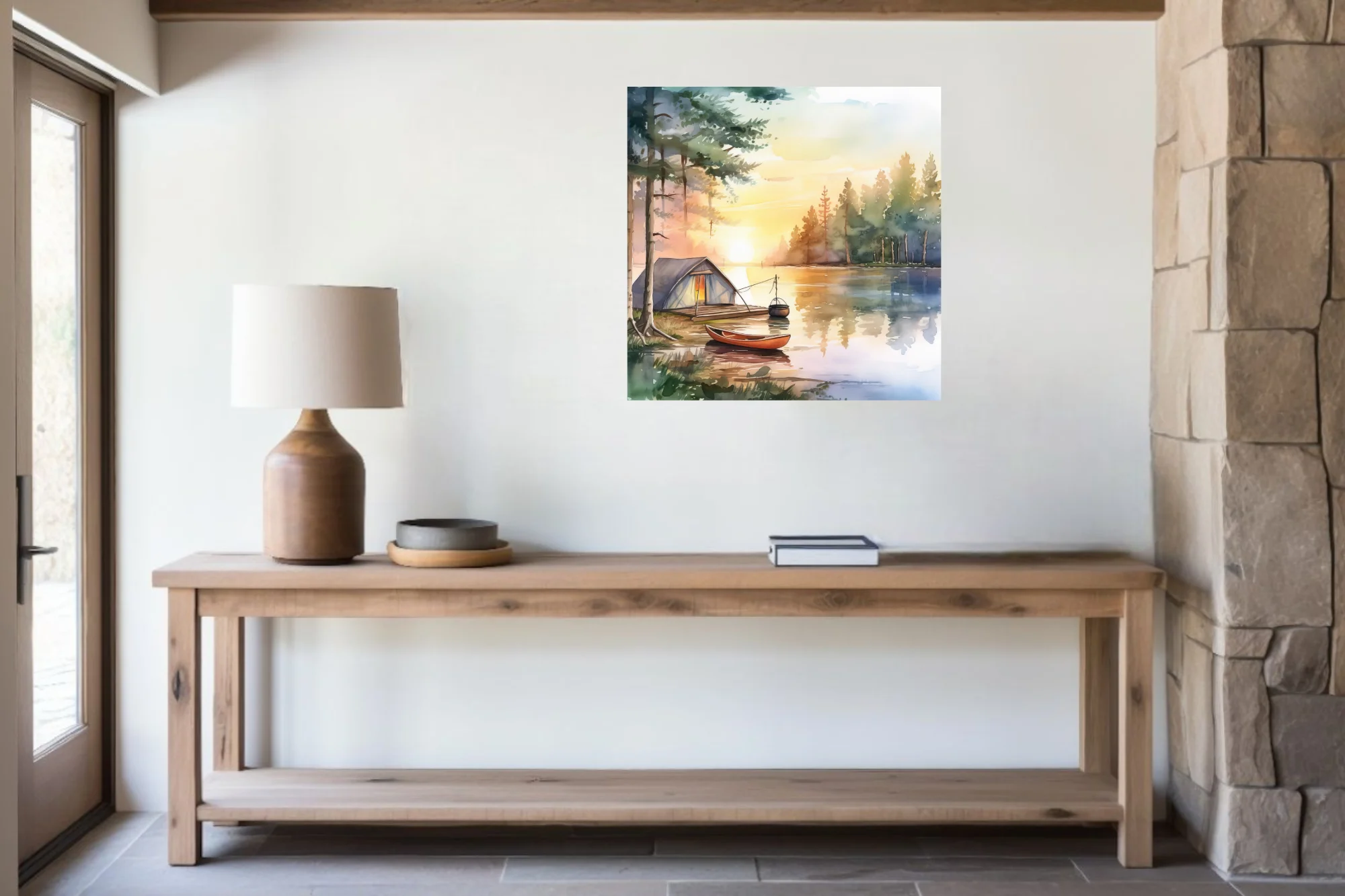 Watercolor-style lakeside camping scene with canoe, tent, and golden sunset reflections