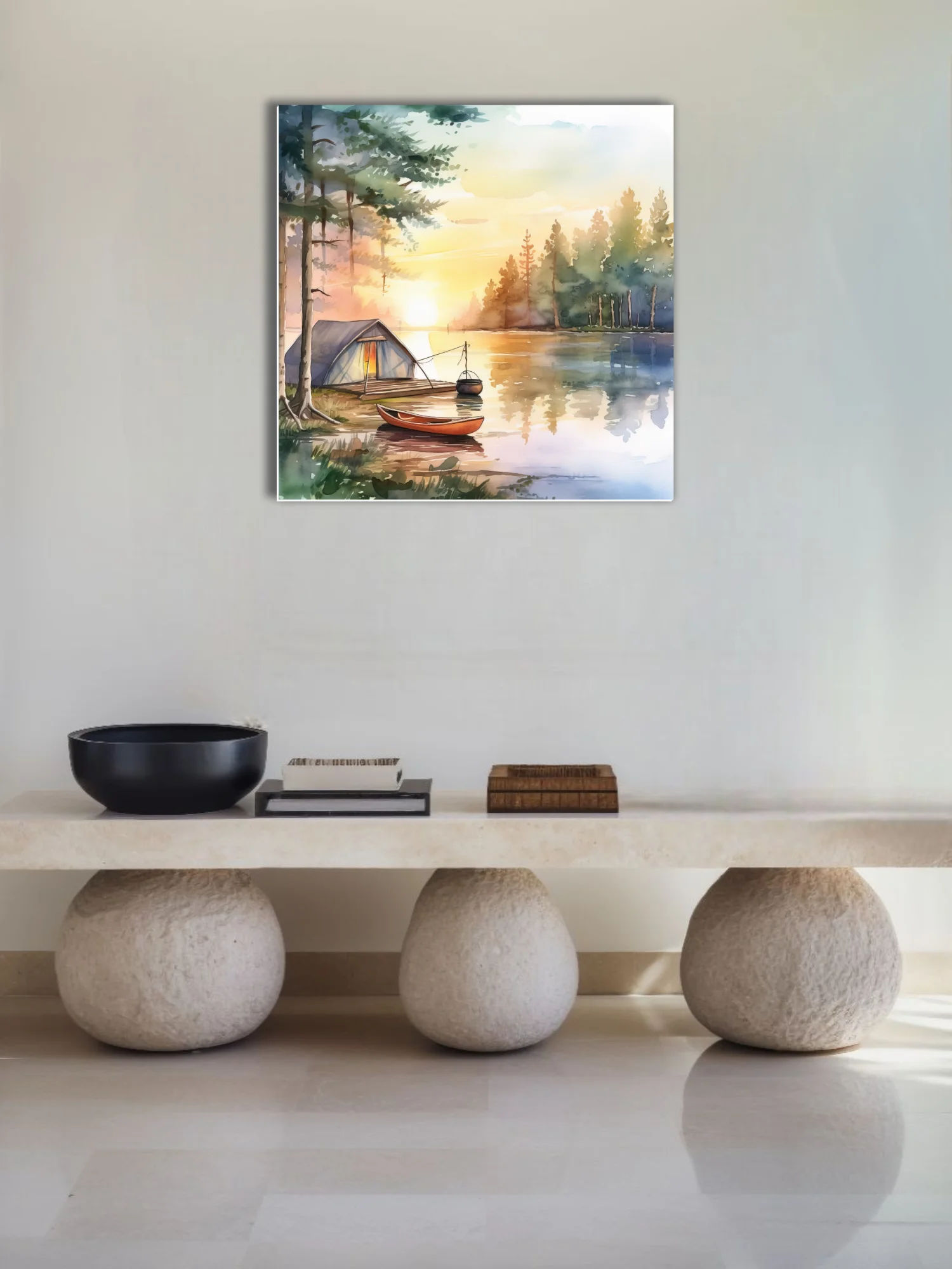 Watercolor-style lakeside camping scene with canoe, tent, and golden sunset reflections