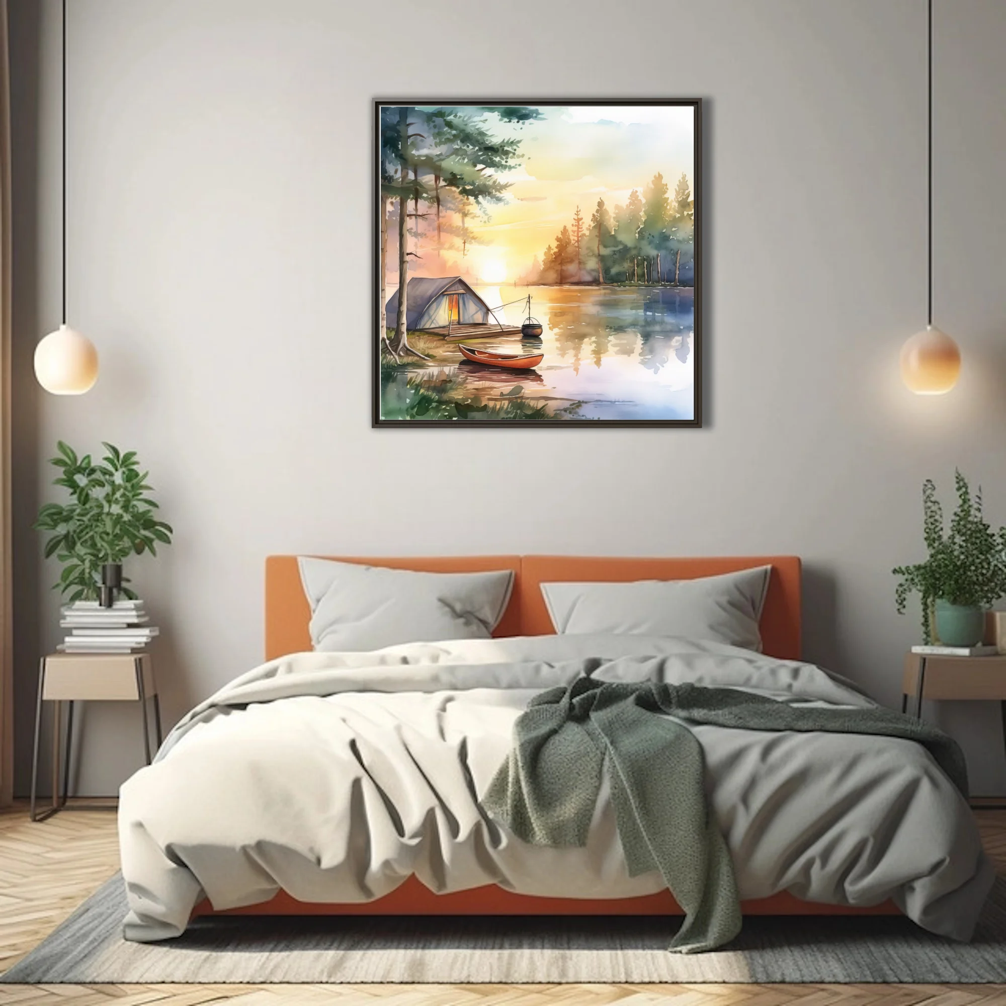 Watercolor-style lakeside camping scene with canoe, tent, and golden sunset reflections