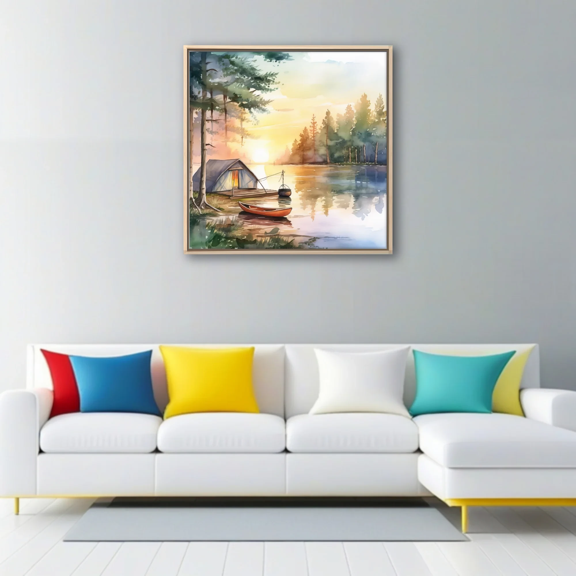 Watercolor-style lakeside camping scene with canoe, tent, and golden sunset reflections