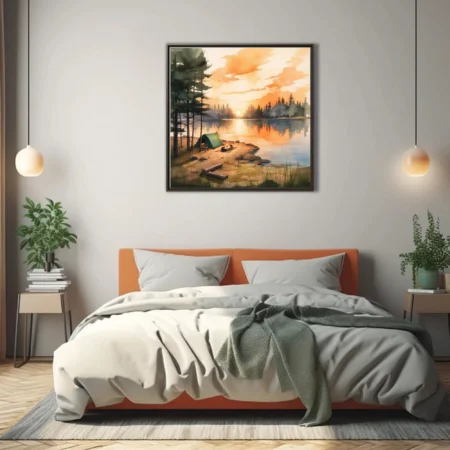 Watercolor-style lakeside campsite at sunset, warm amber glow, pine forest reflection