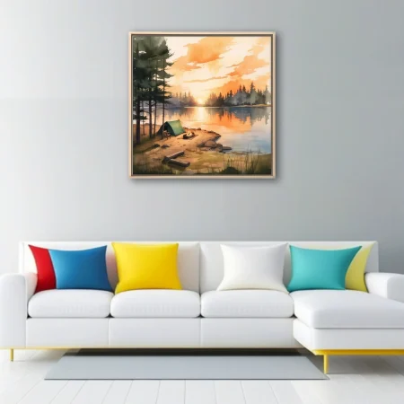 Watercolor-style lakeside campsite at sunset, warm amber glow, pine forest reflection