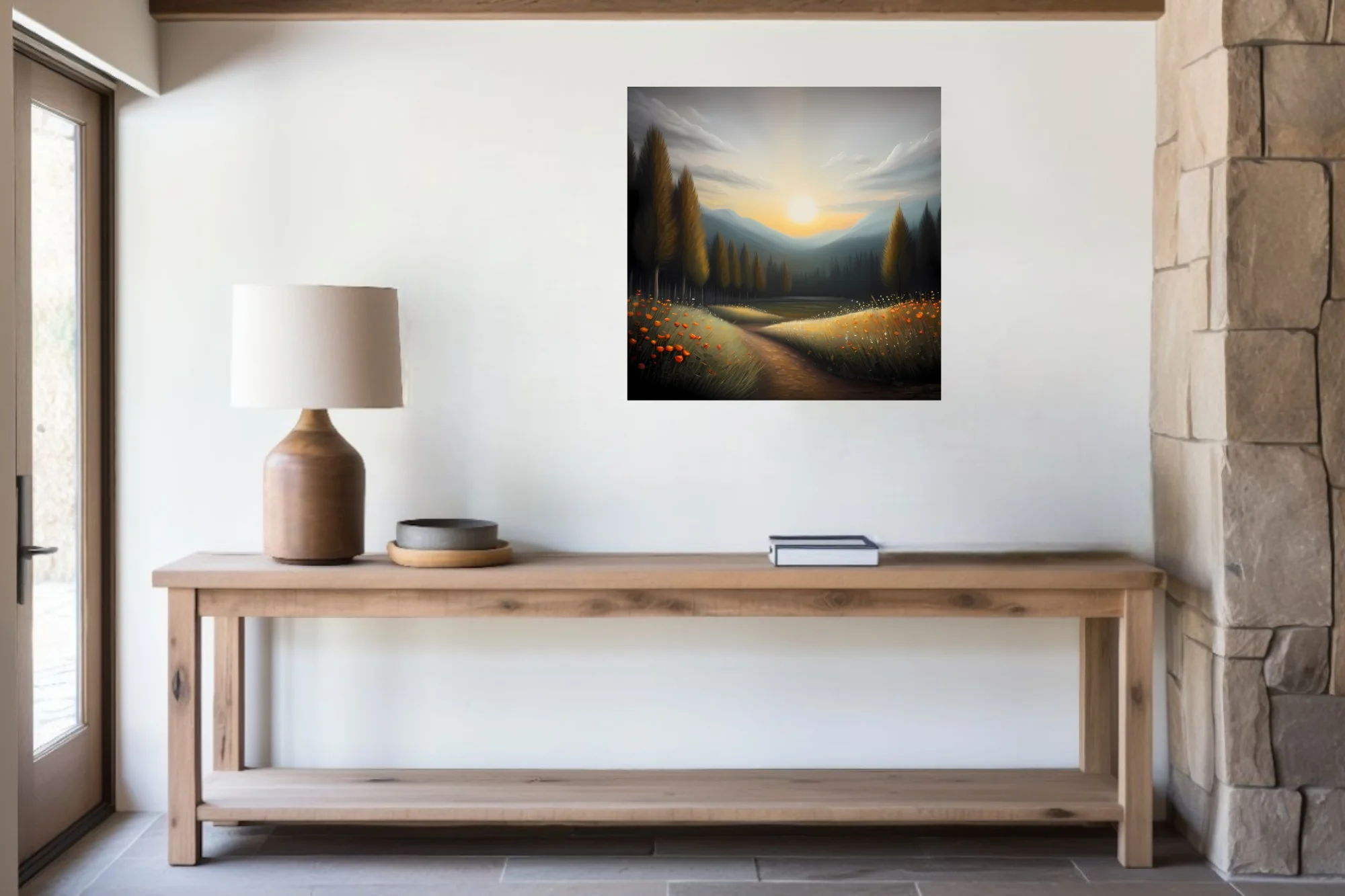 Moody sunset mountain landscape with orange wildflowers and pine trees in soft-focus style.