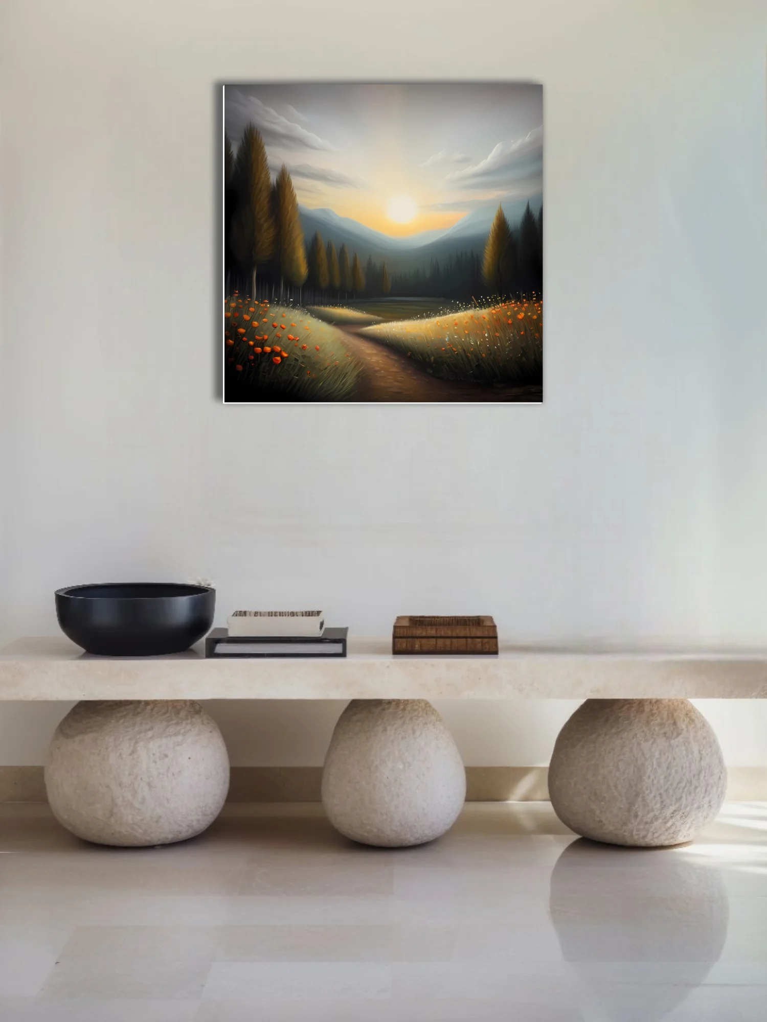 Moody sunset mountain landscape with orange wildflowers and pine trees in soft-focus style.