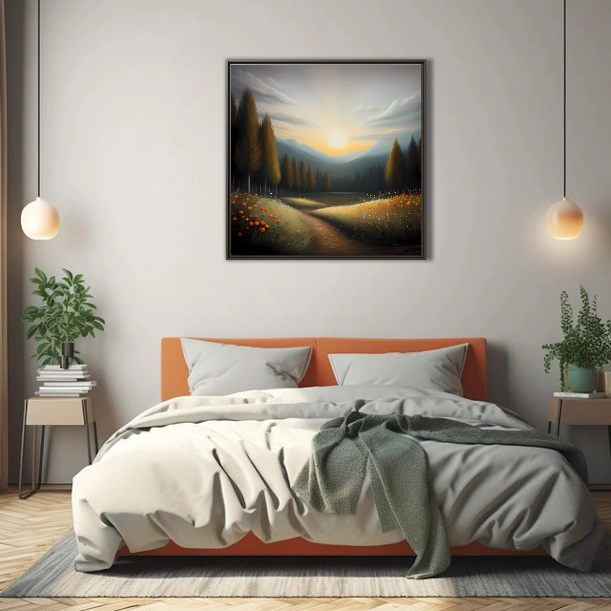 Moody sunset mountain landscape with orange wildflowers and pine trees in soft-focus style.