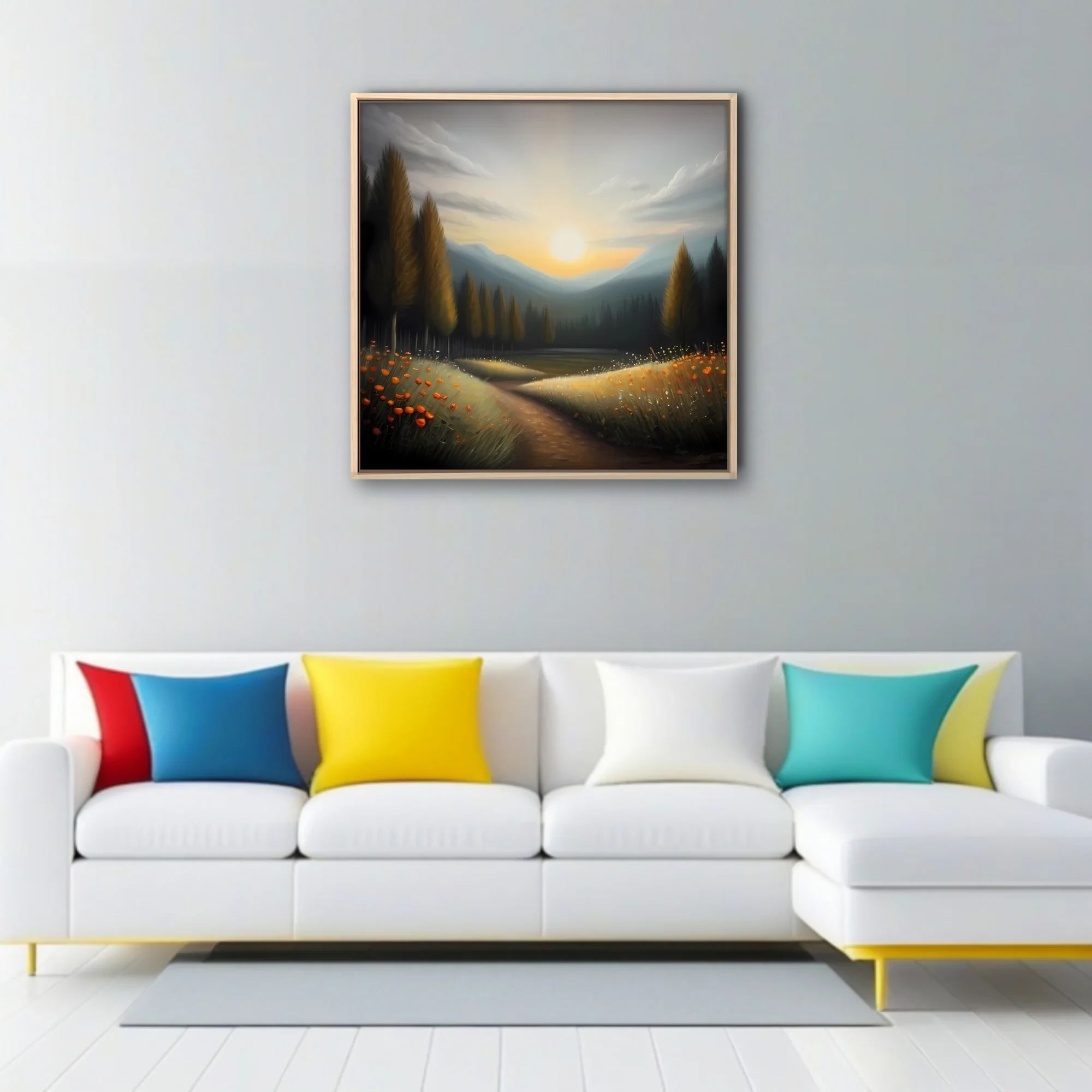 Moody sunset mountain landscape with orange wildflowers and pine trees in soft-focus style.