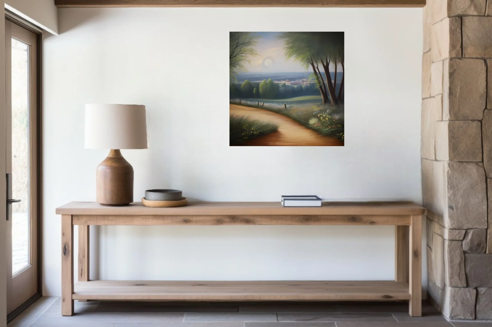 Pastoral landscape with winding path, trees, and hazy settlement in muted greens