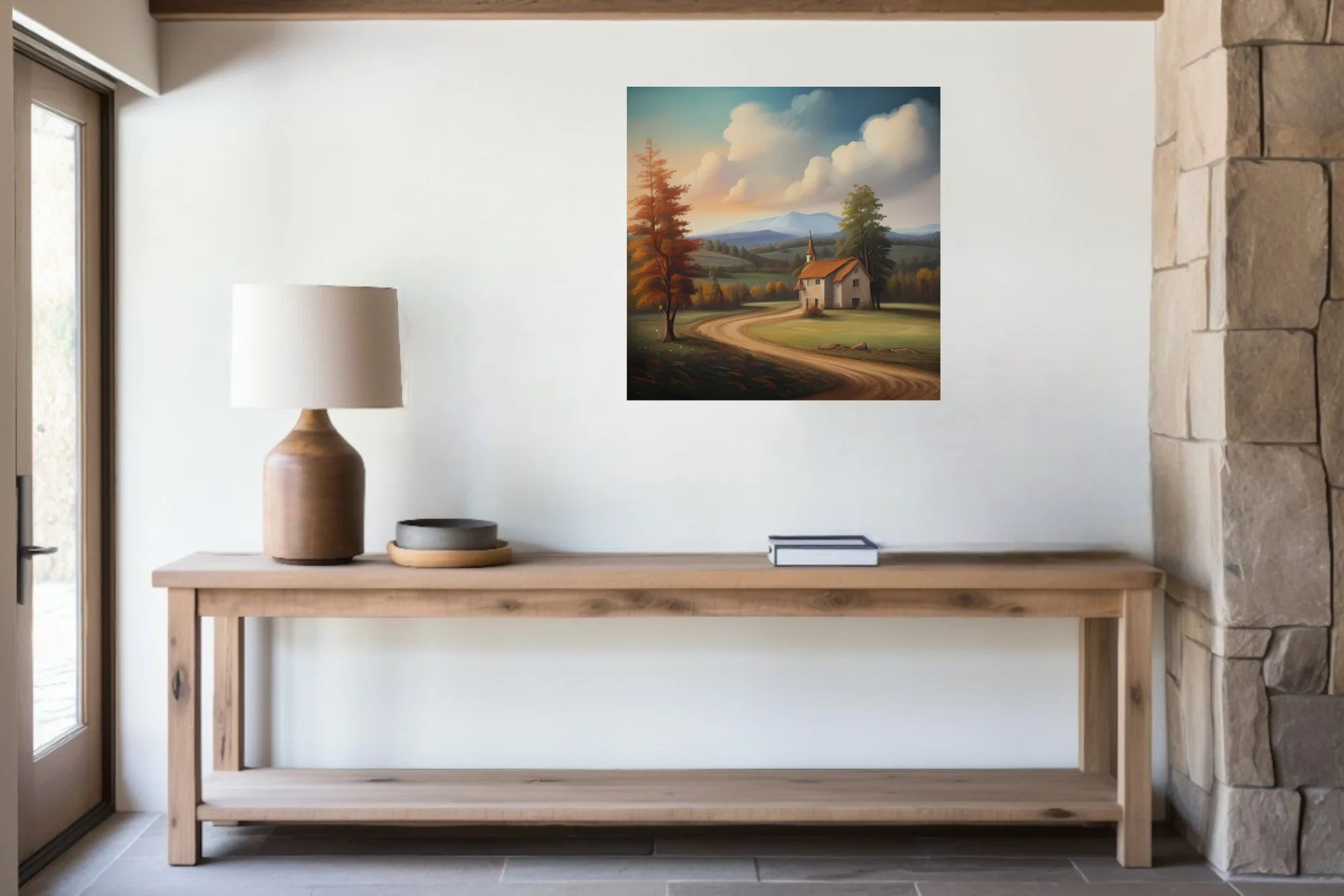 Pastoral landscape with chapel, winding road, autumn trees, and mountain vista