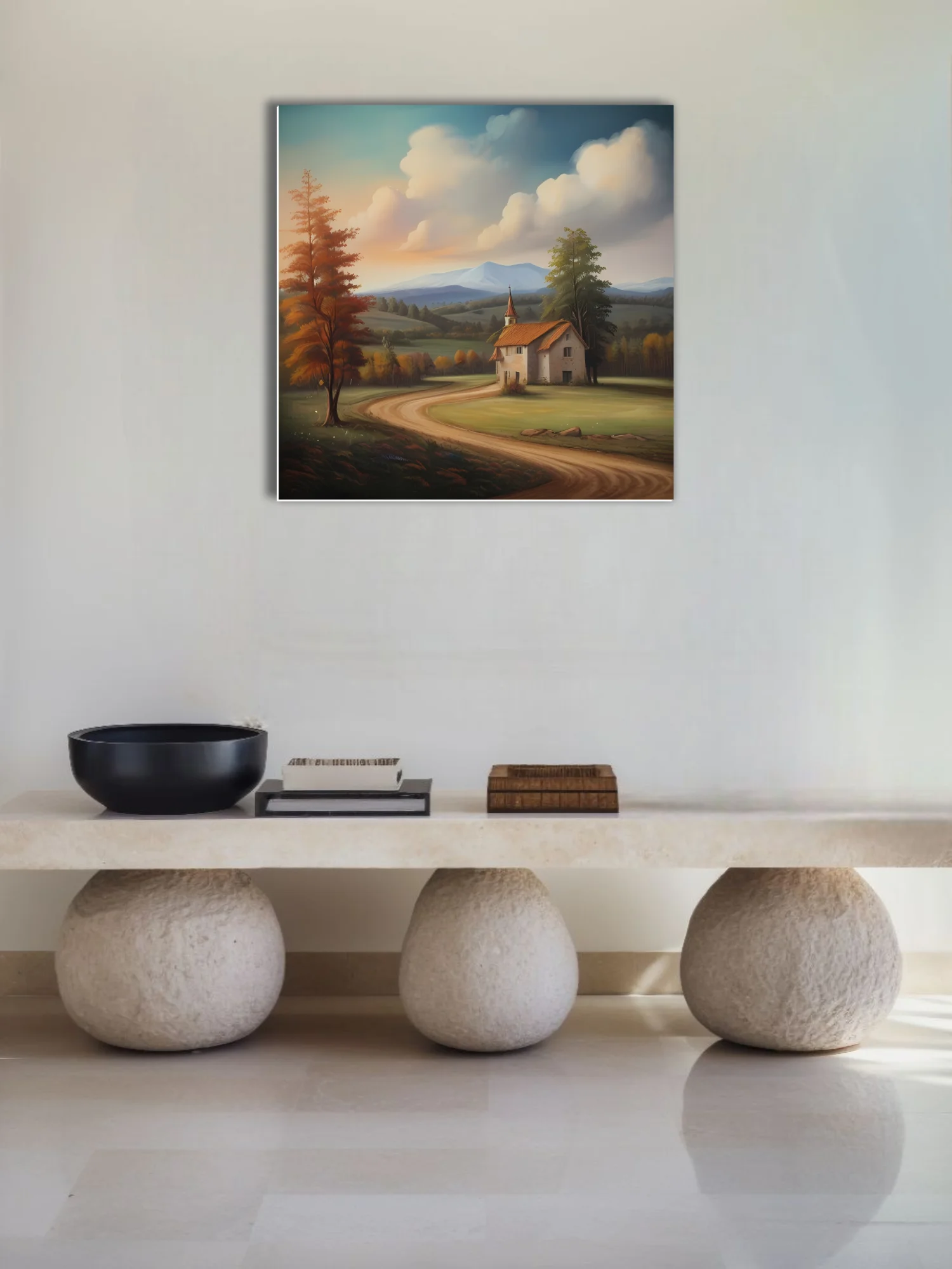 Pastoral landscape with chapel, winding road, autumn trees, and mountain vista