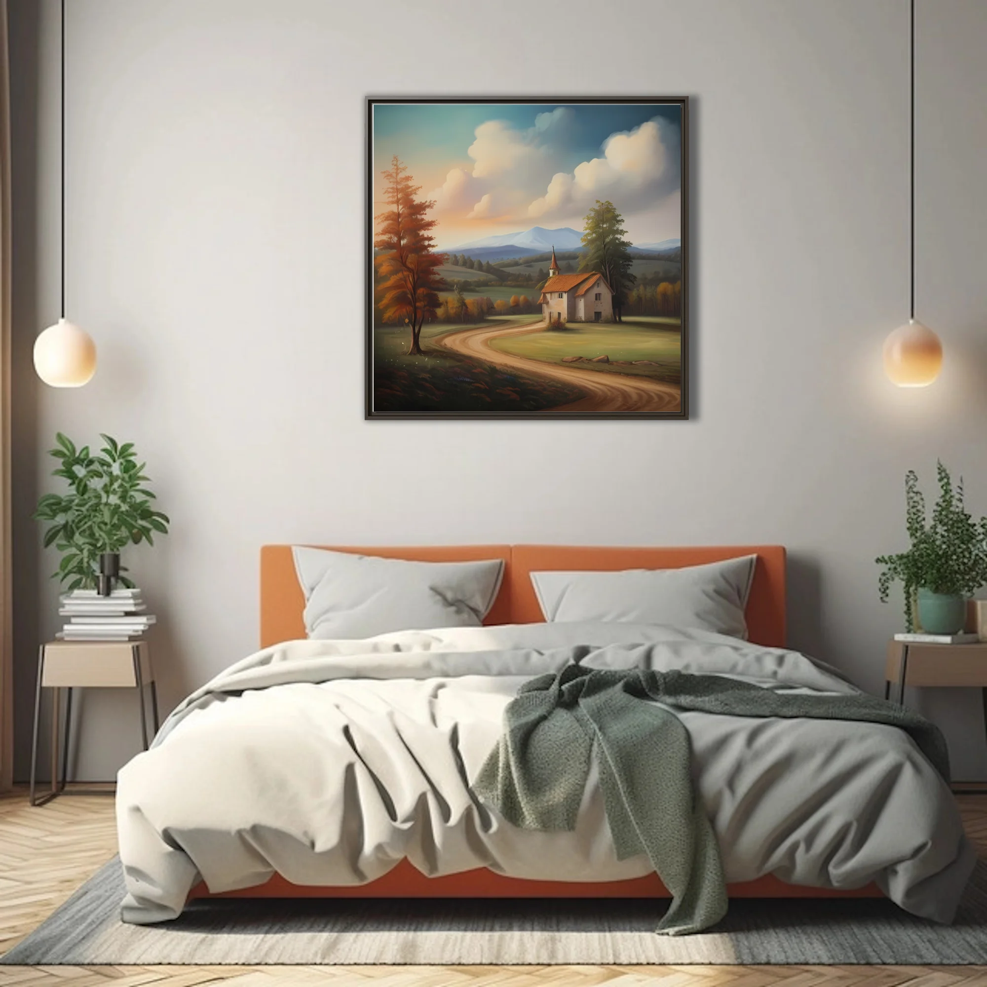 Pastoral landscape with chapel, winding road, autumn trees, and mountain vista