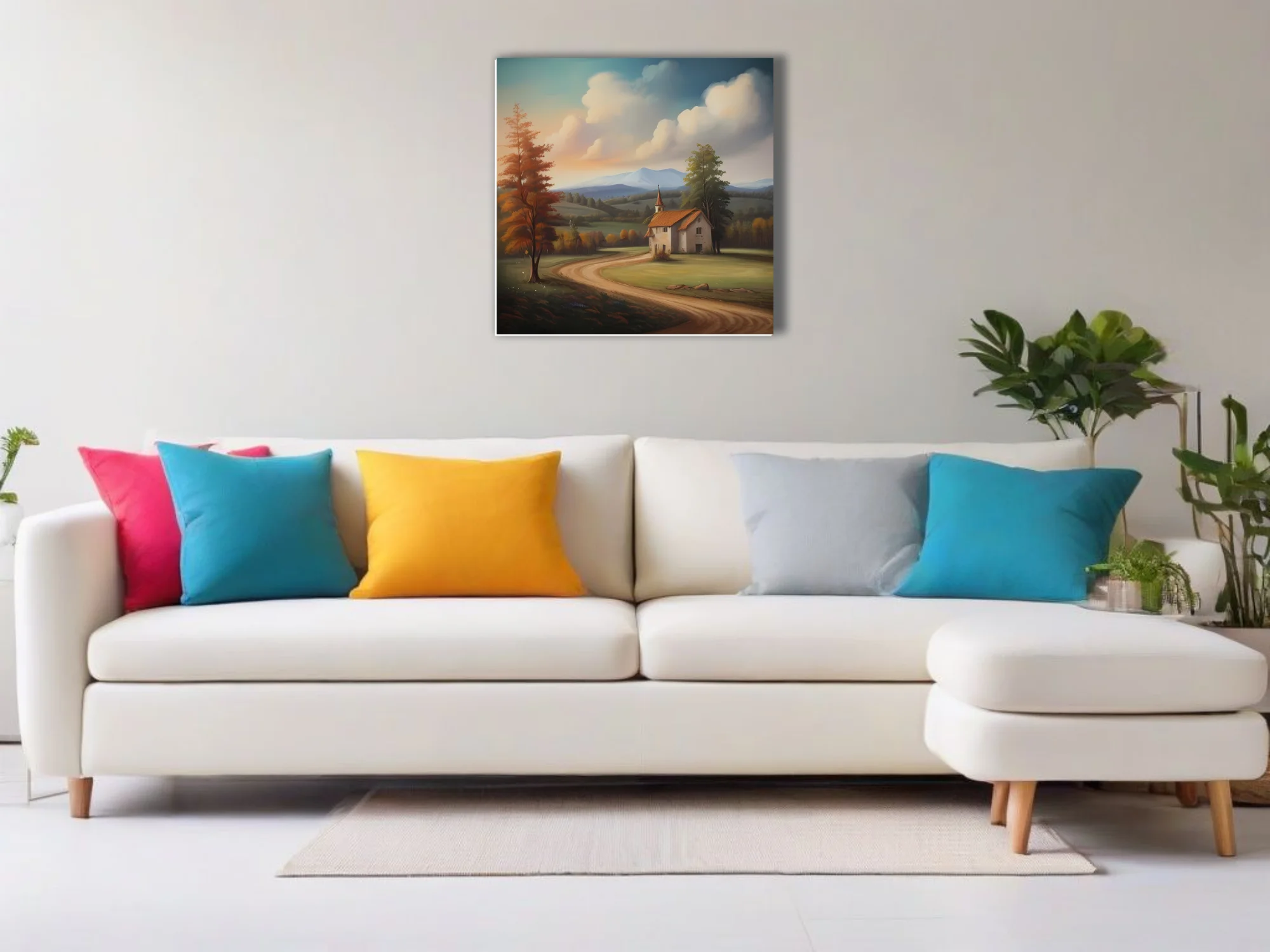 Pastoral landscape with chapel, winding road, autumn trees, and mountain vista