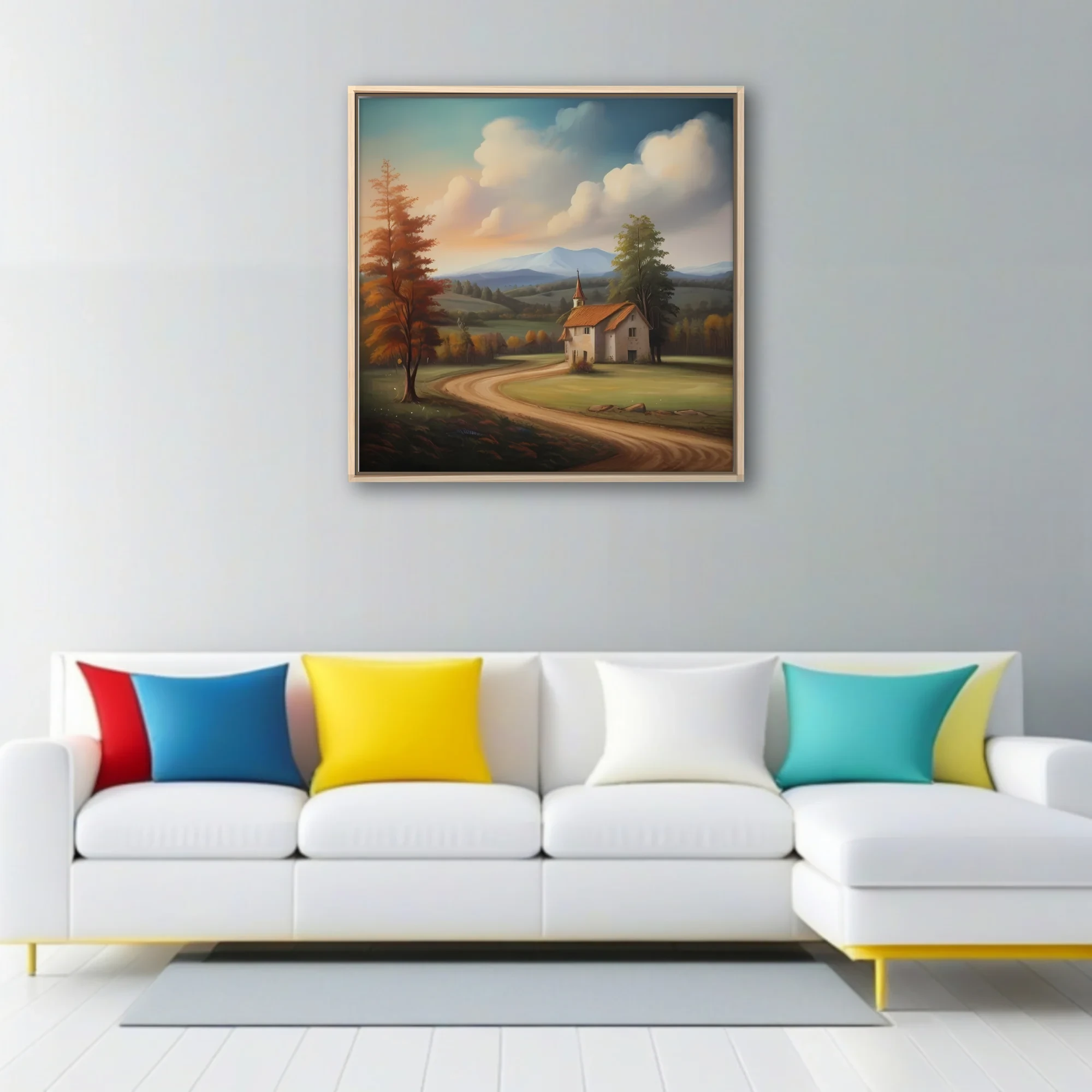 Pastoral landscape with chapel, winding road, autumn trees, and mountain vista