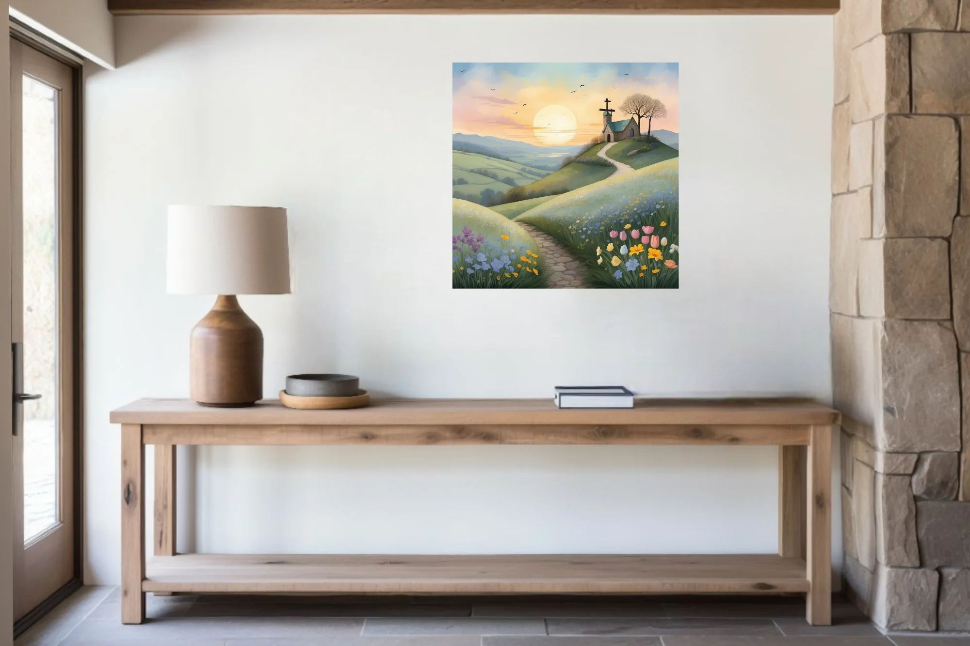 Watercolor-style pastoral chapel on a flower-lined hill at sunrise, soft pastel tones