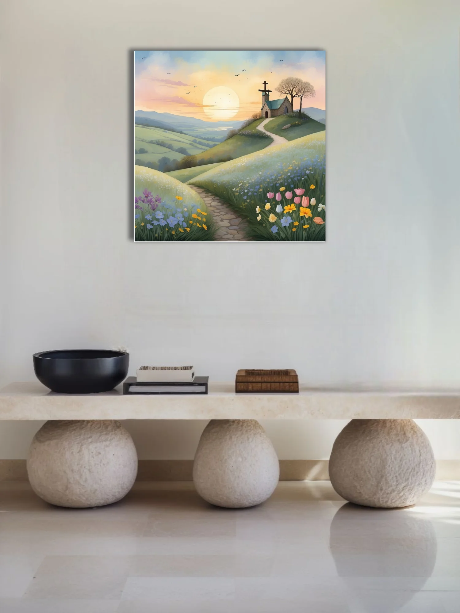 Watercolor-style pastoral chapel on a flower-lined hill at sunrise, soft pastel tones