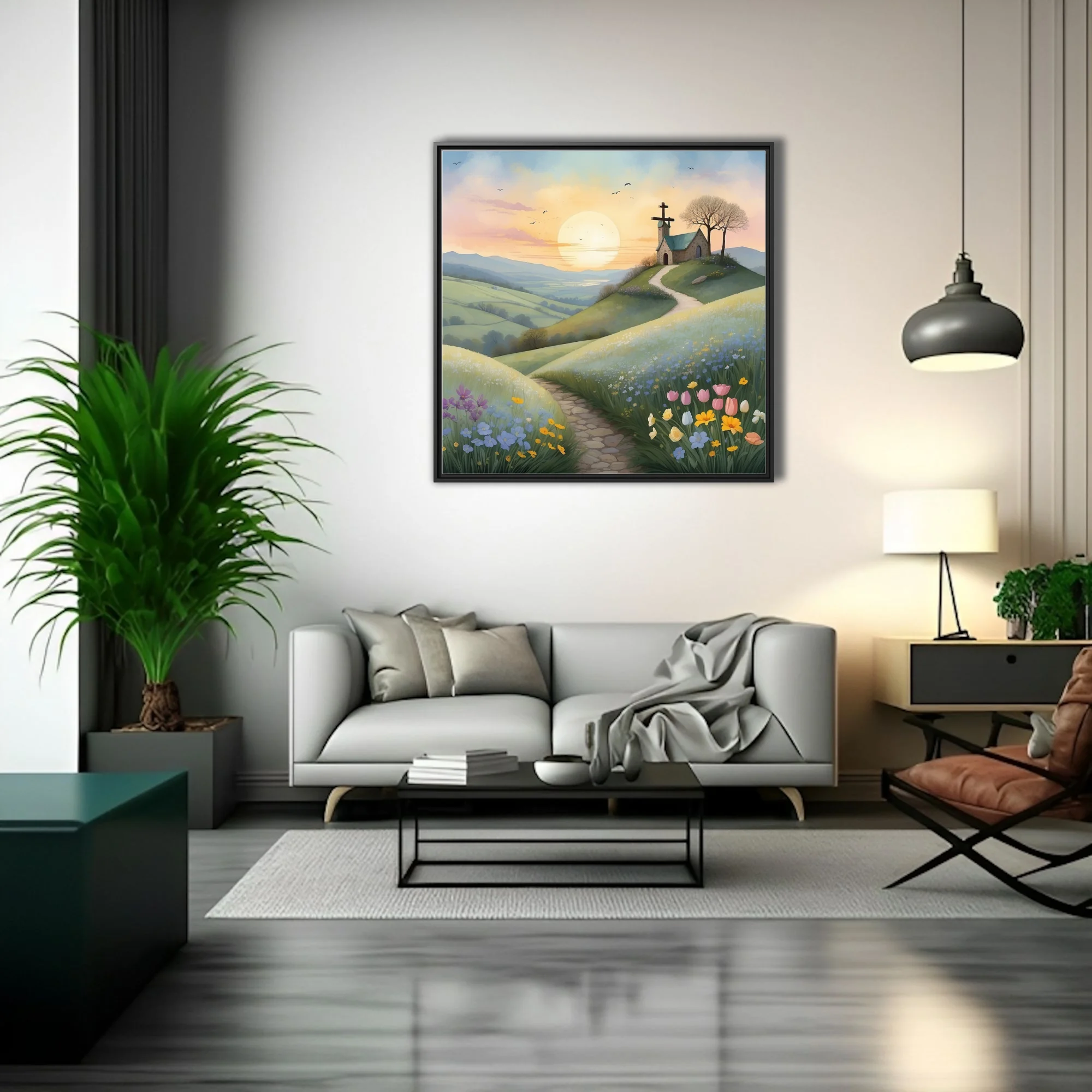 Watercolor-style pastoral chapel on a flower-lined hill at sunrise, soft pastel tones