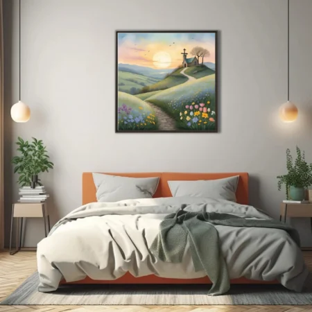 Watercolor-style pastoral chapel on a flower-lined hill at sunrise, soft pastel tones