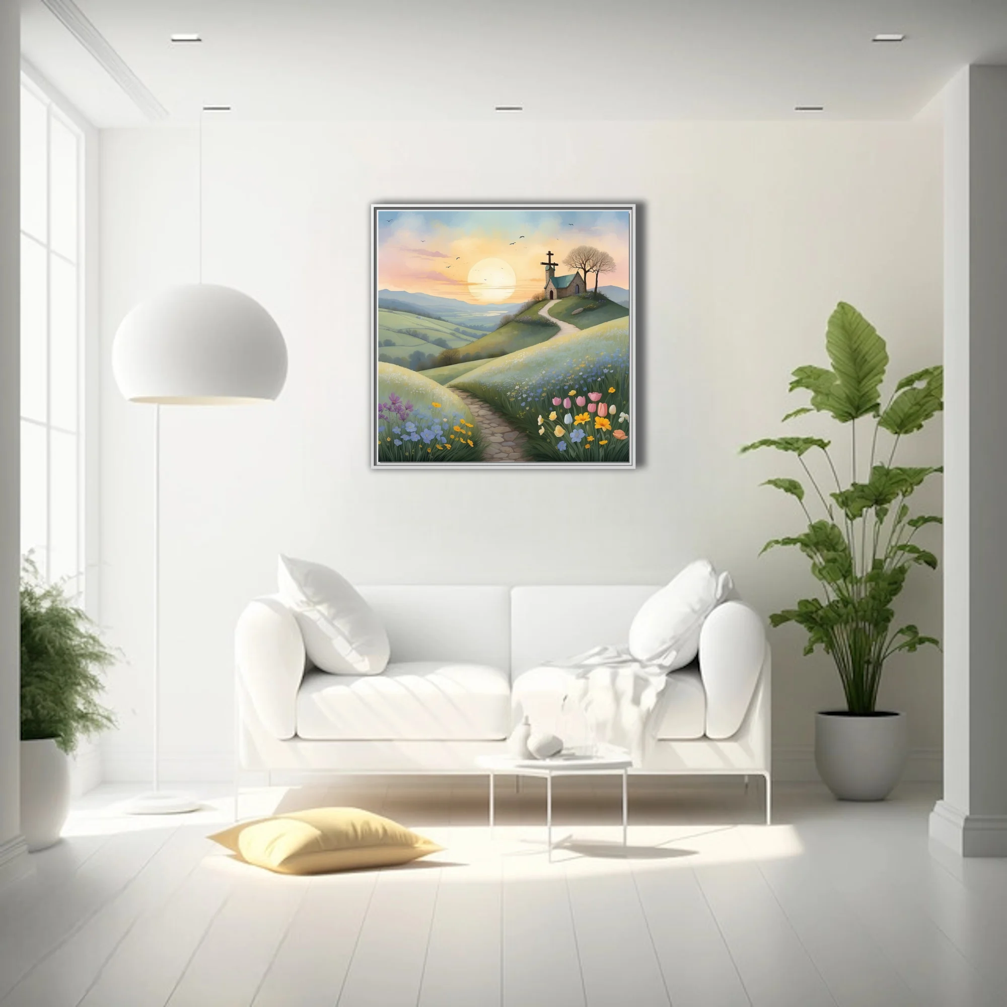 Watercolor-style pastoral chapel on a flower-lined hill at sunrise, soft pastel tones