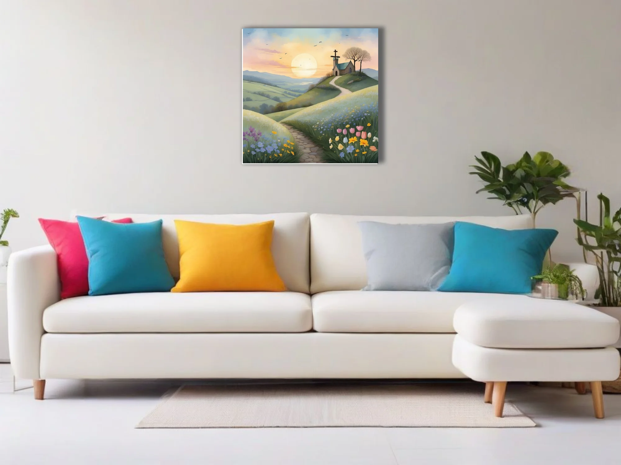 Watercolor-style pastoral chapel on a flower-lined hill at sunrise, soft pastel tones
