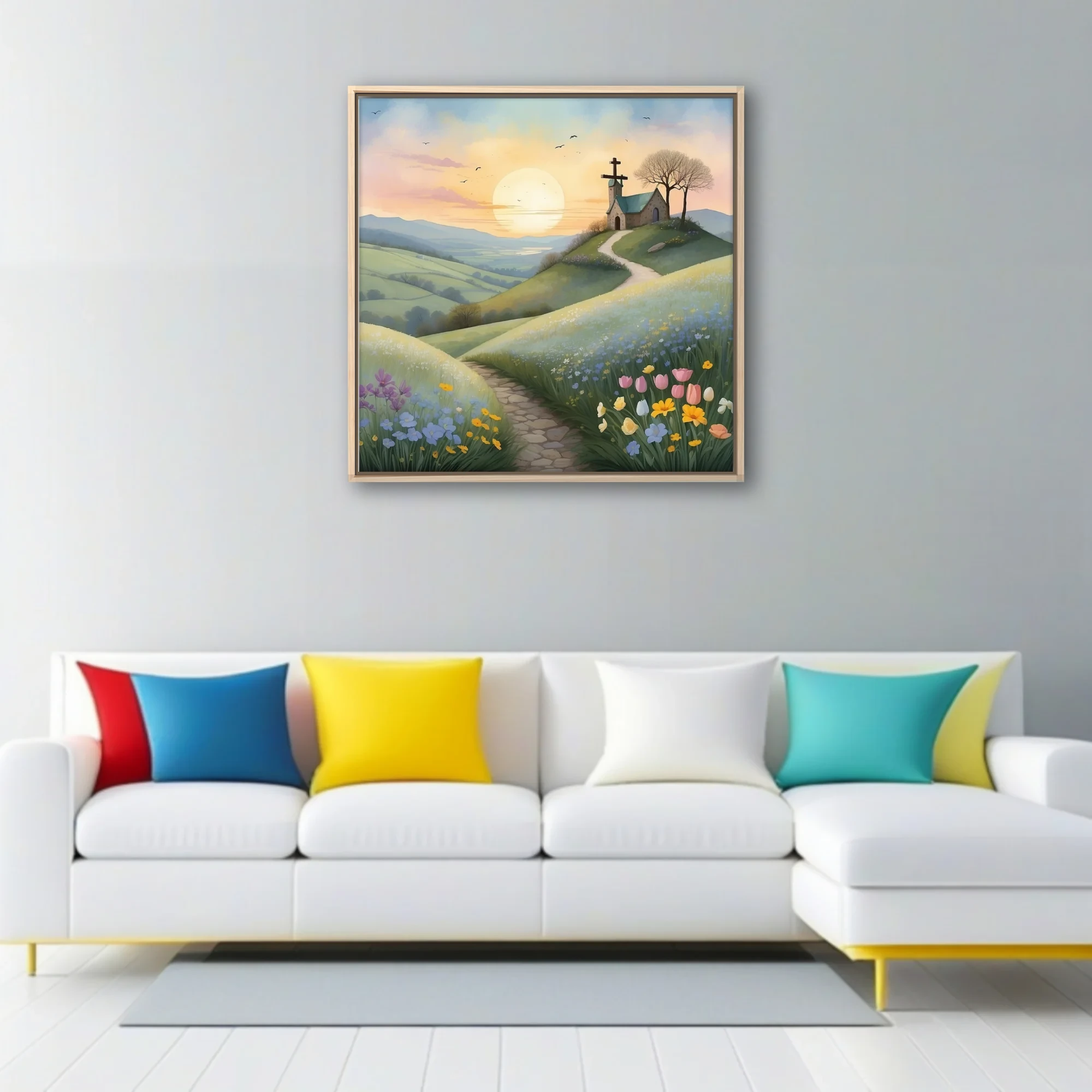 Watercolor-style pastoral chapel on a flower-lined hill at sunrise, soft pastel tones
