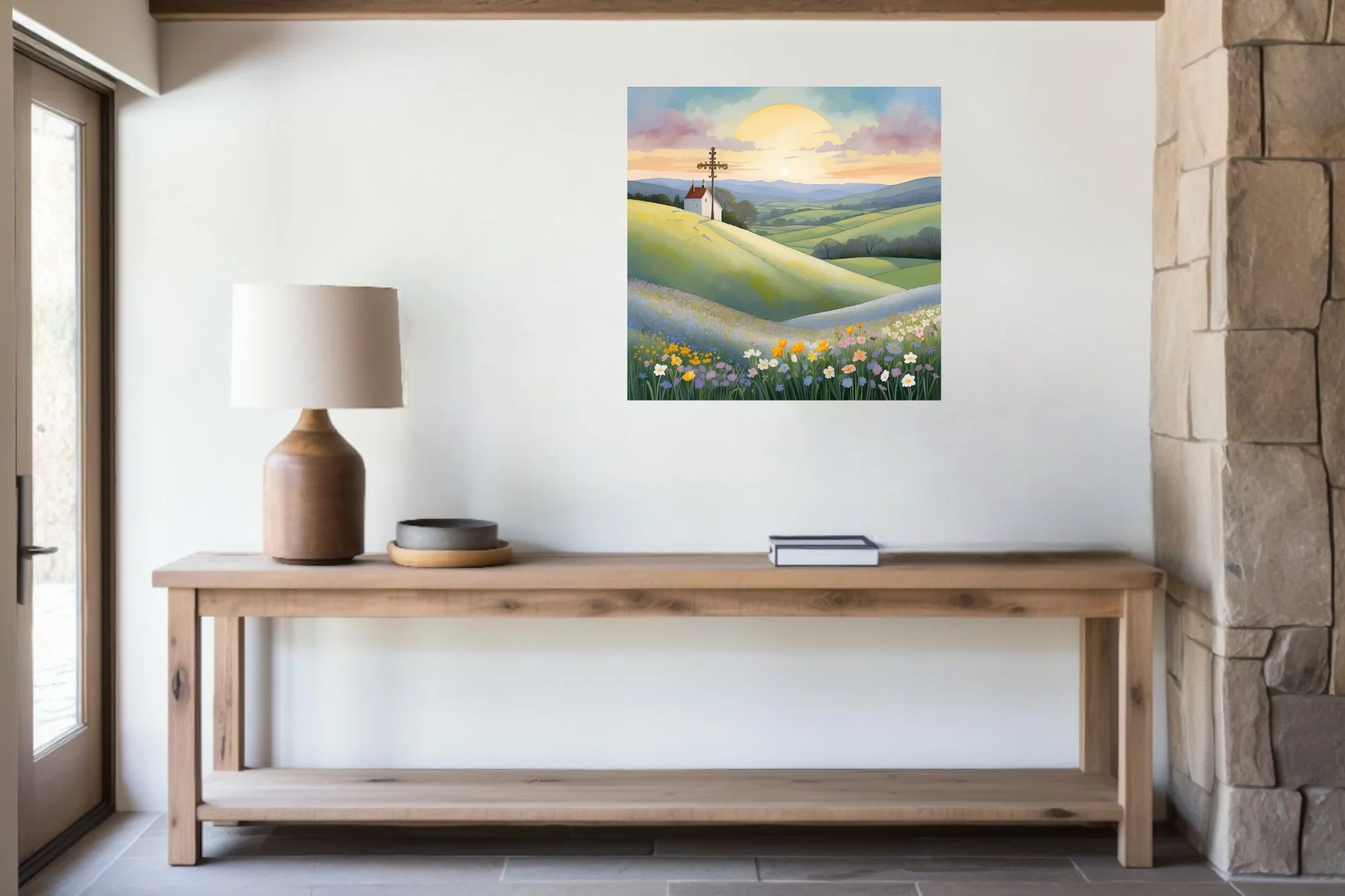 Watercolor-style pastoral landscape with chapel, ornate cross, and wildflower meadows at sunrise