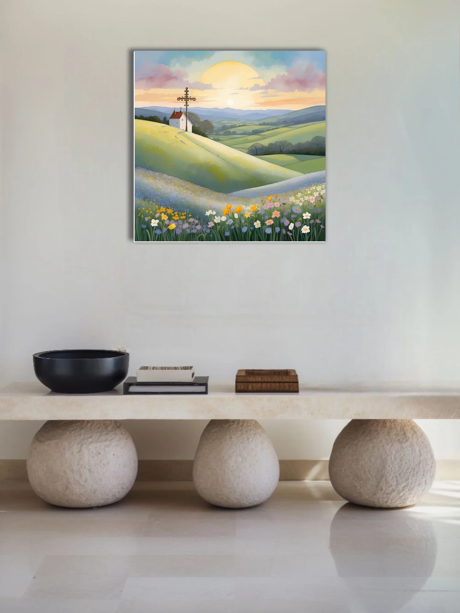 Watercolor-style pastoral landscape with chapel, ornate cross, and wildflower meadows at sunrise