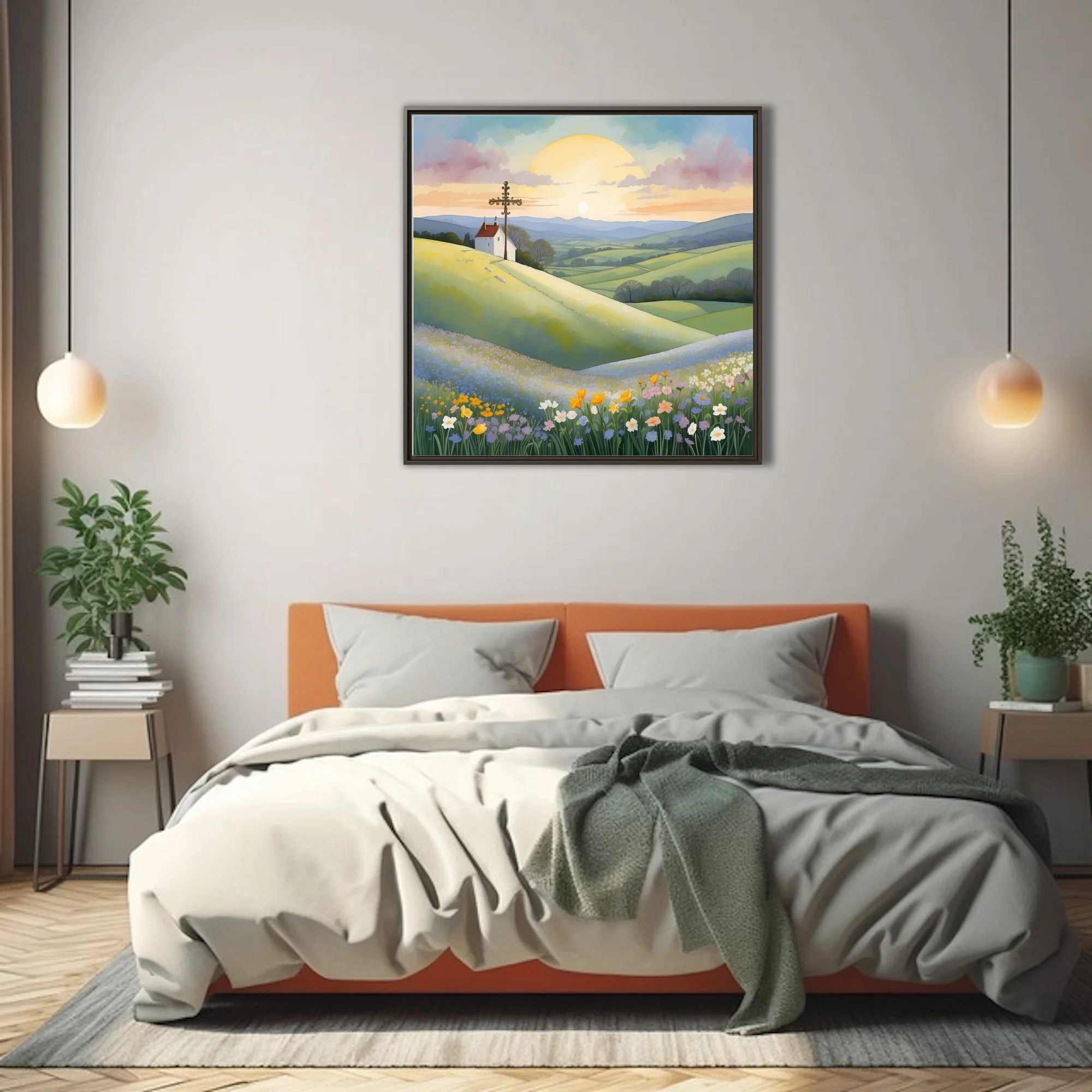 Watercolor-style pastoral landscape with chapel, ornate cross, and wildflower meadows at sunrise