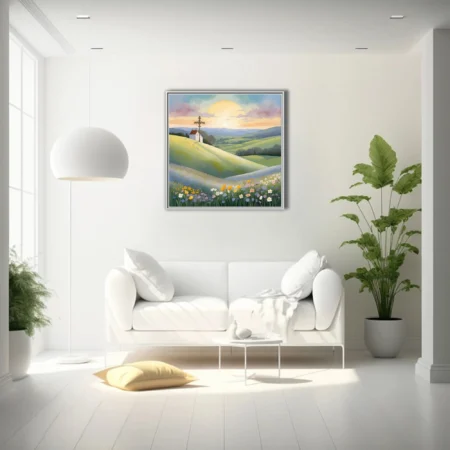 Watercolor-style pastoral landscape with chapel, ornate cross, and wildflower meadows at sunrise
