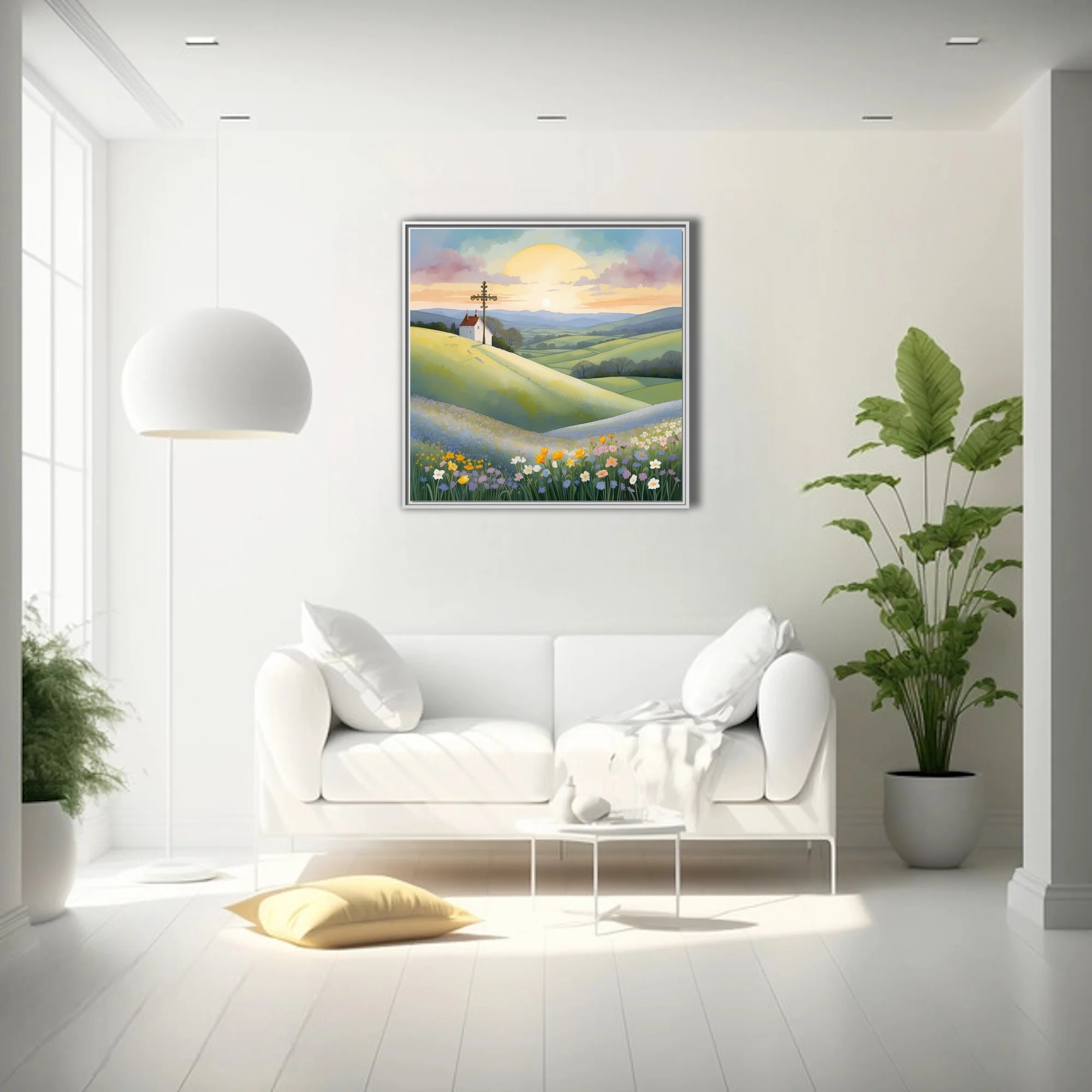 Watercolor-style pastoral landscape with chapel, ornate cross, and wildflower meadows at sunrise