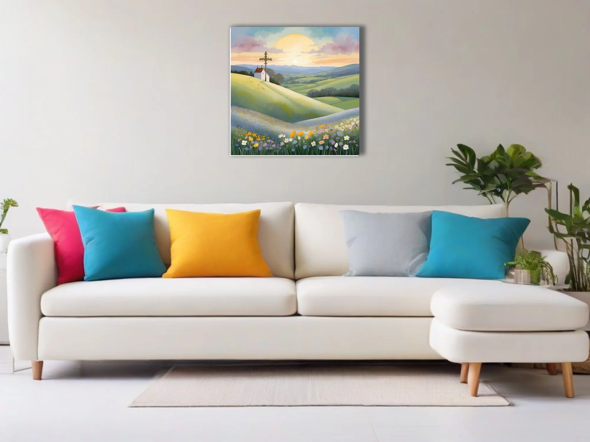 Watercolor-style pastoral landscape with chapel, ornate cross, and wildflower meadows at sunrise