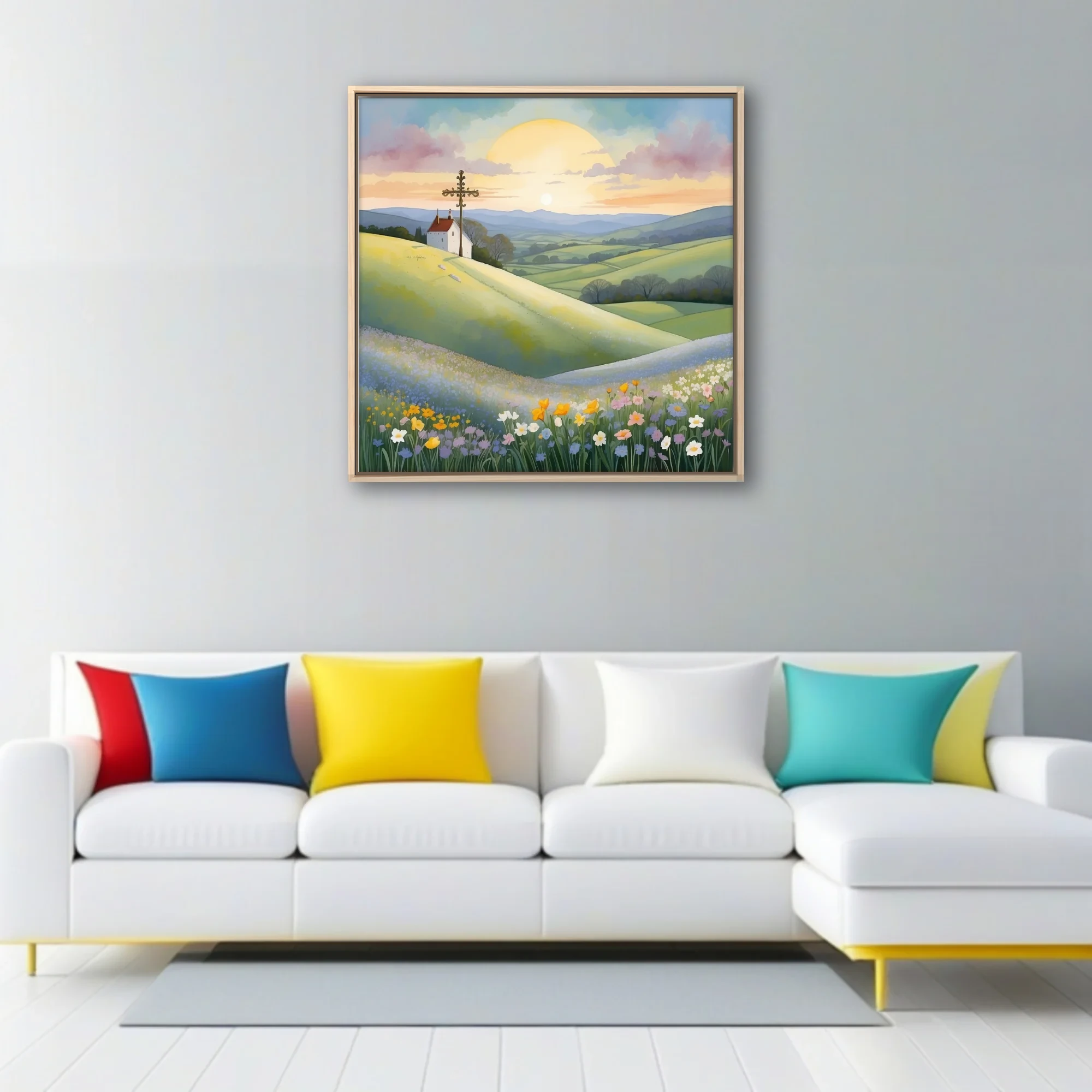 Watercolor-style pastoral landscape with chapel, ornate cross, and wildflower meadows at sunrise