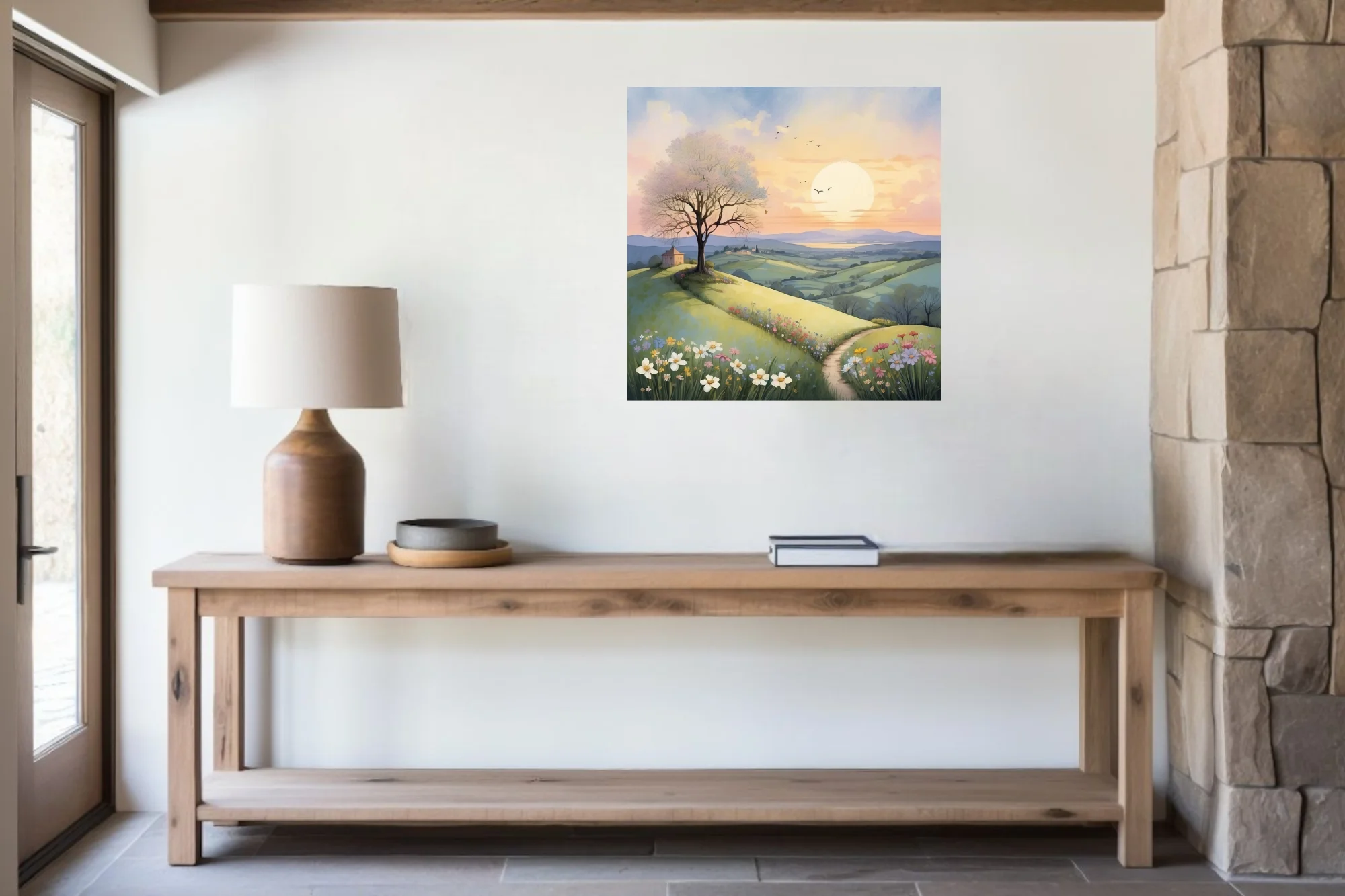 Pastel watercolor-style pastoral landscape with rolling meadows, wildflowers, and glowing sunrise