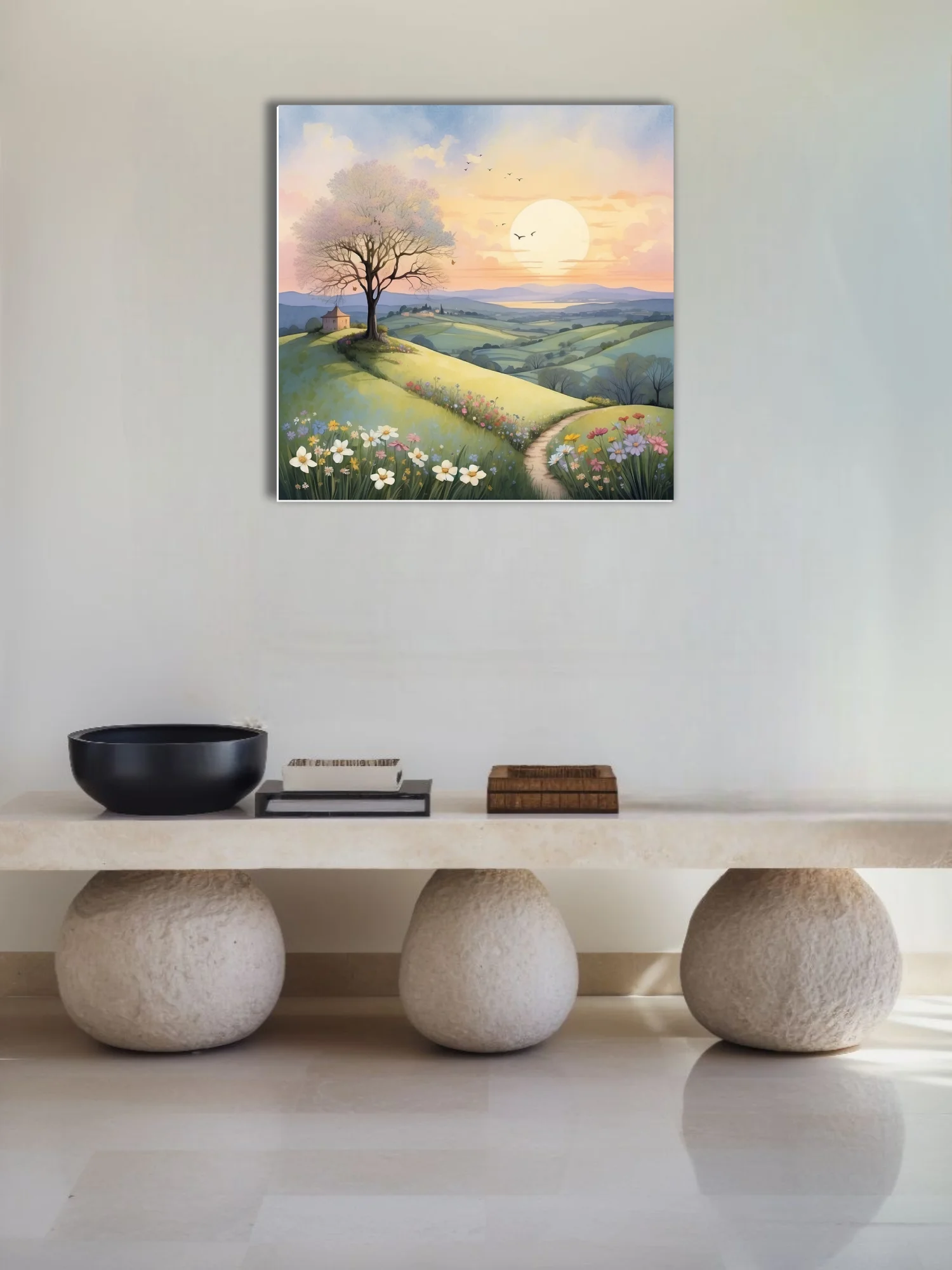 Pastel watercolor-style pastoral landscape with rolling meadows, wildflowers, and glowing sunrise
