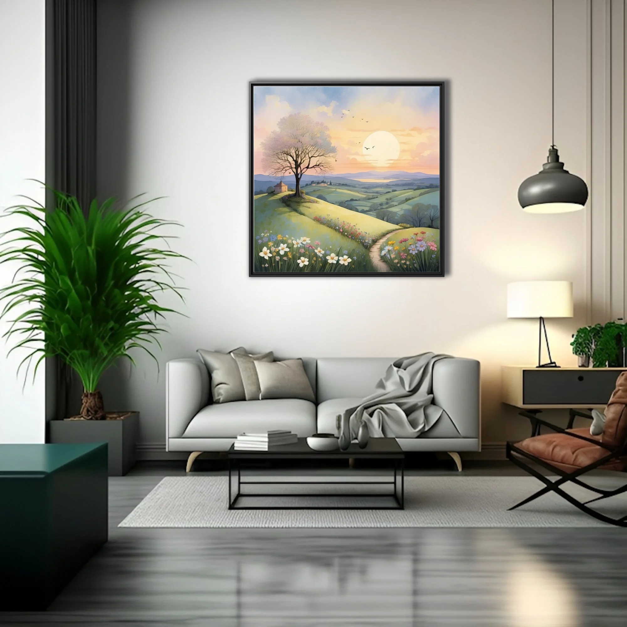 Pastel watercolor-style pastoral landscape with rolling meadows, wildflowers, and glowing sunrise
