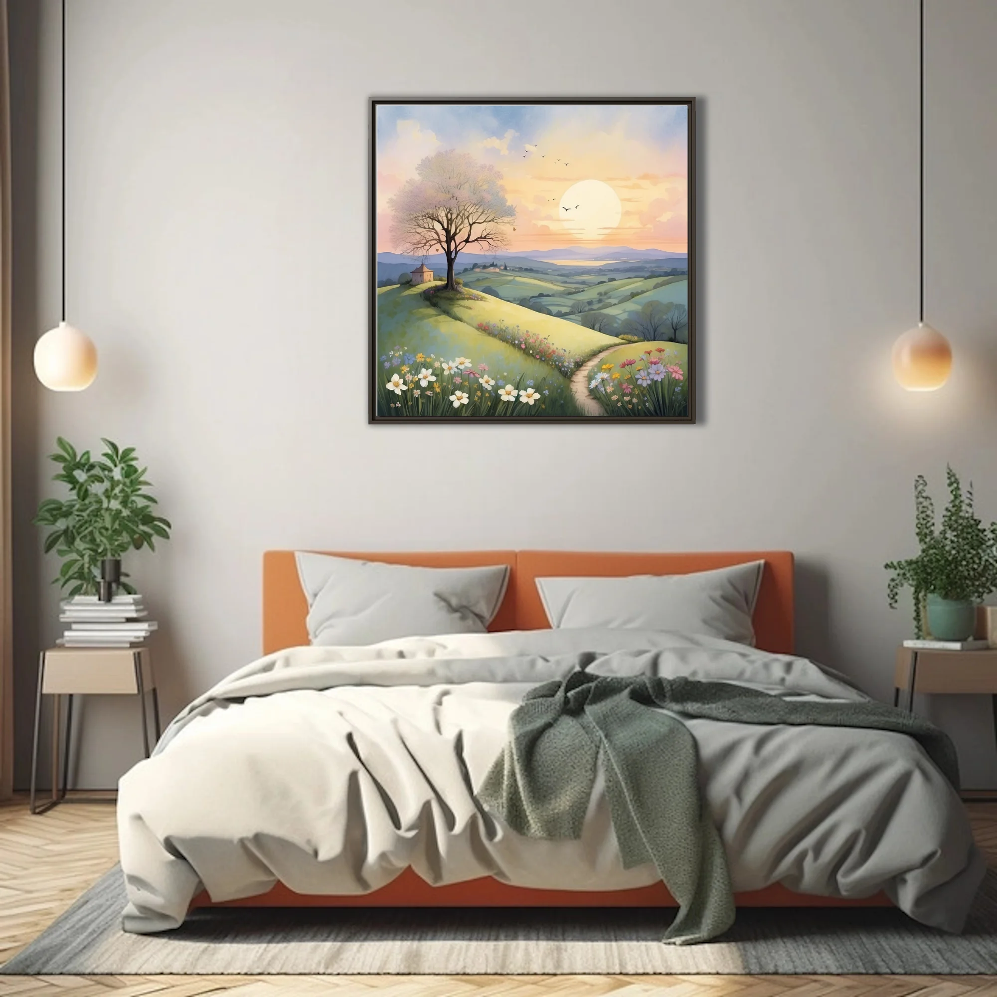 Pastel watercolor-style pastoral landscape with rolling meadows, wildflowers, and glowing sunrise