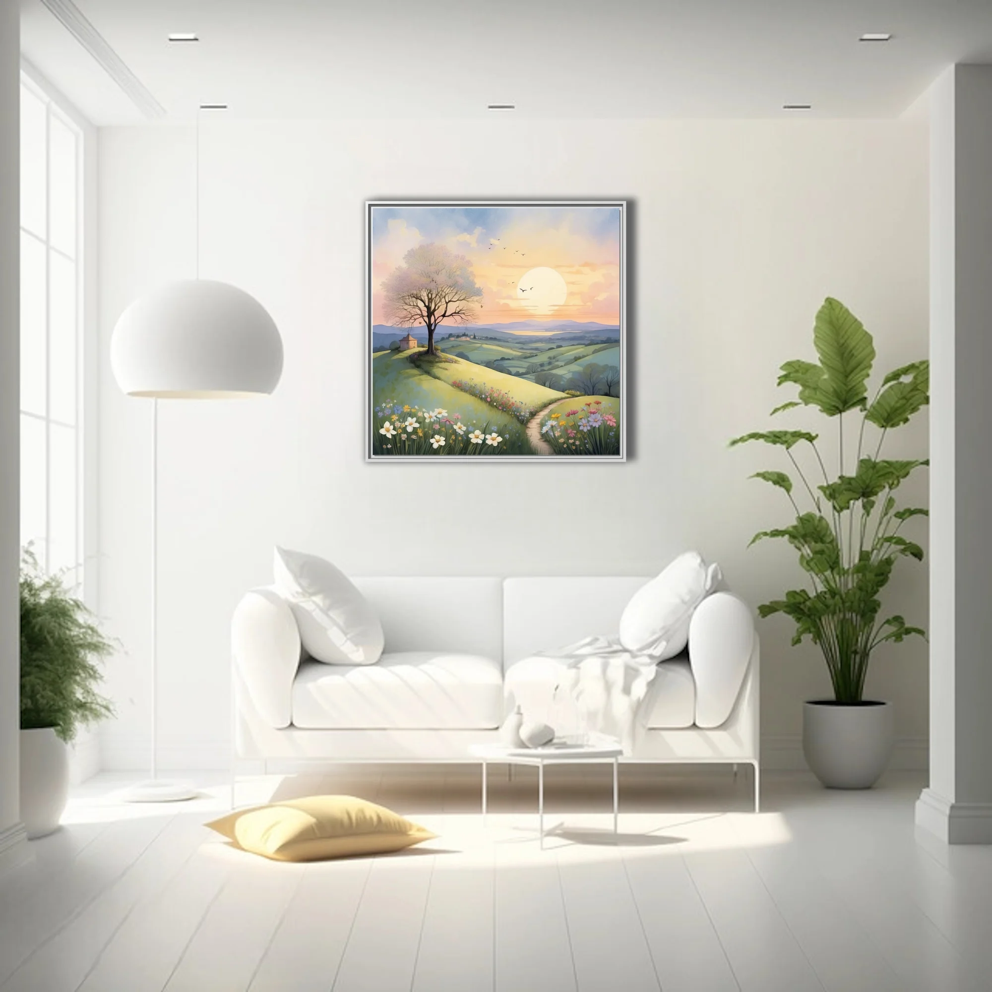 Pastel watercolor-style pastoral landscape with rolling meadows, wildflowers, and glowing sunrise