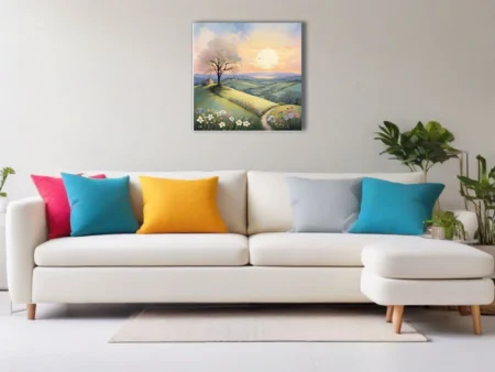Pastel watercolor-style pastoral landscape with rolling meadows, wildflowers, and glowing sunrise