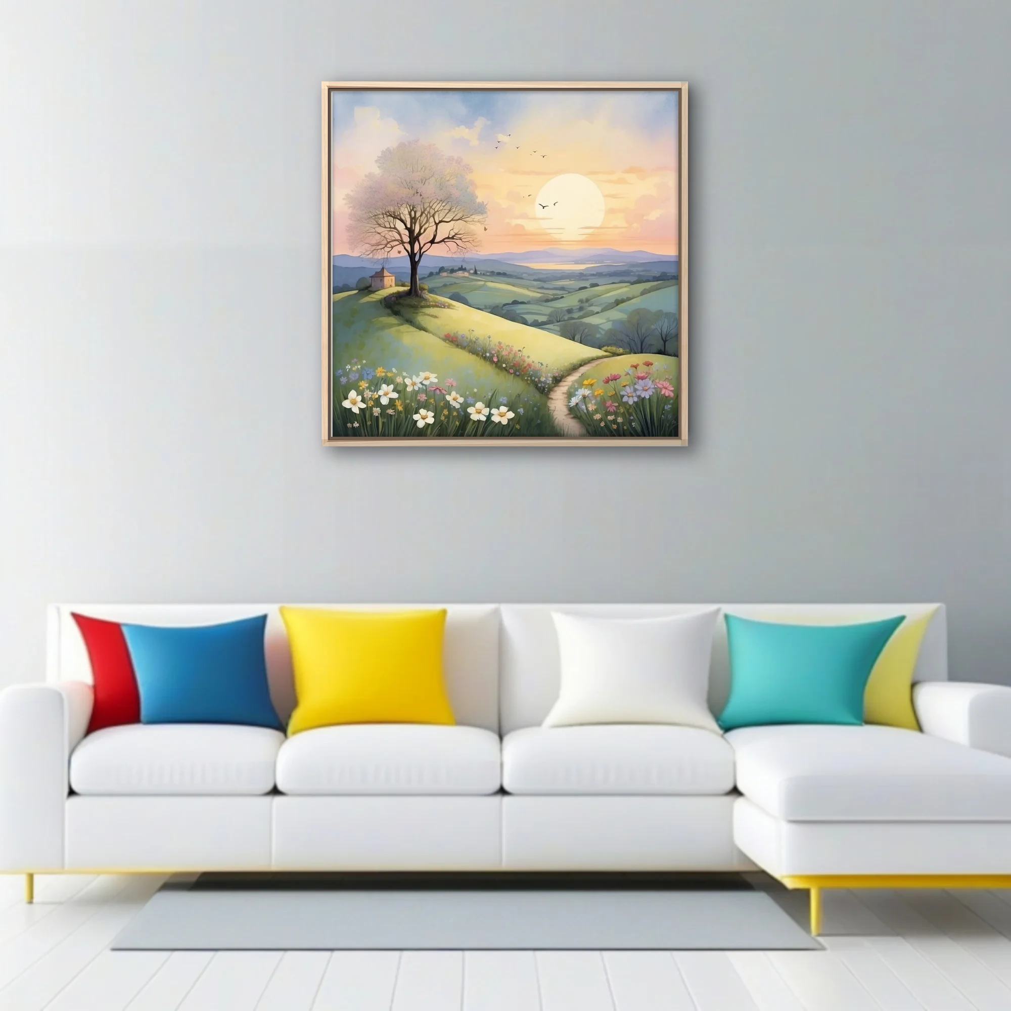 Pastel watercolor-style pastoral landscape with rolling meadows, wildflowers, and glowing sunrise