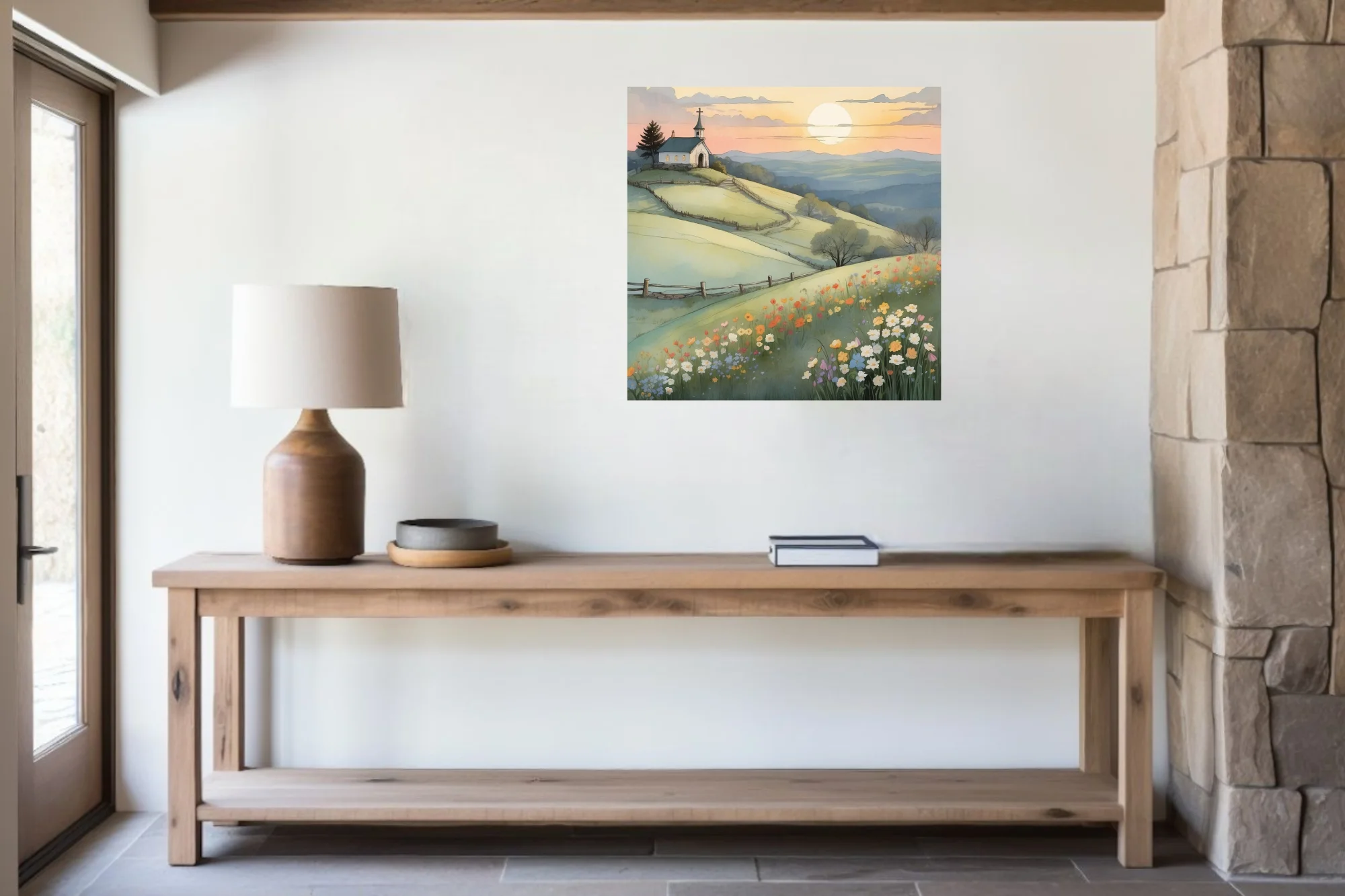 Watercolor-style pastoral chapel on rolling hills with wildflowers at golden hour