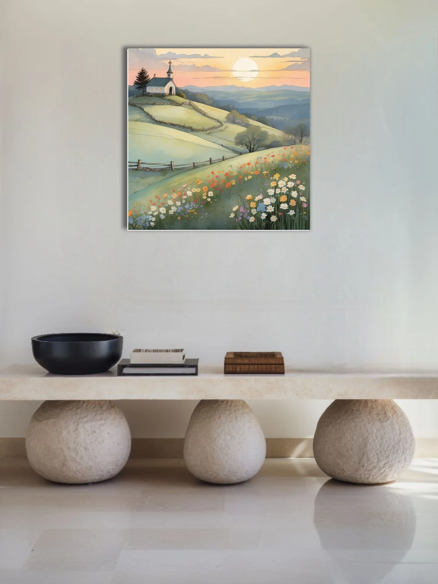 Watercolor-style pastoral chapel on rolling hills with wildflowers at golden hour