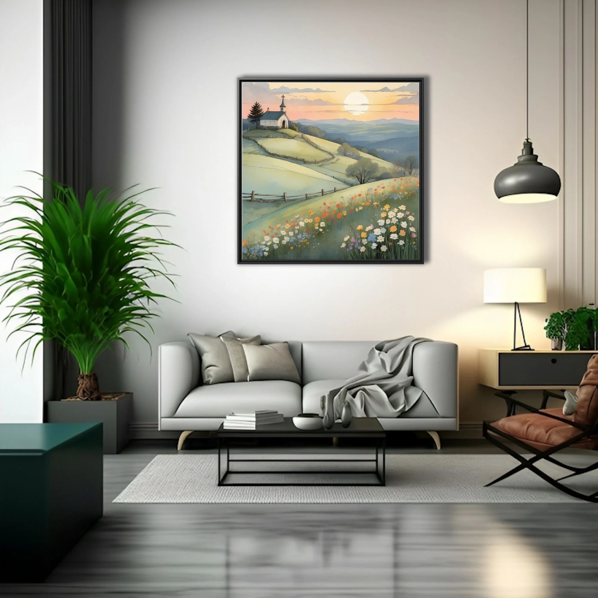 Watercolor-style pastoral chapel on rolling hills with wildflowers at golden hour