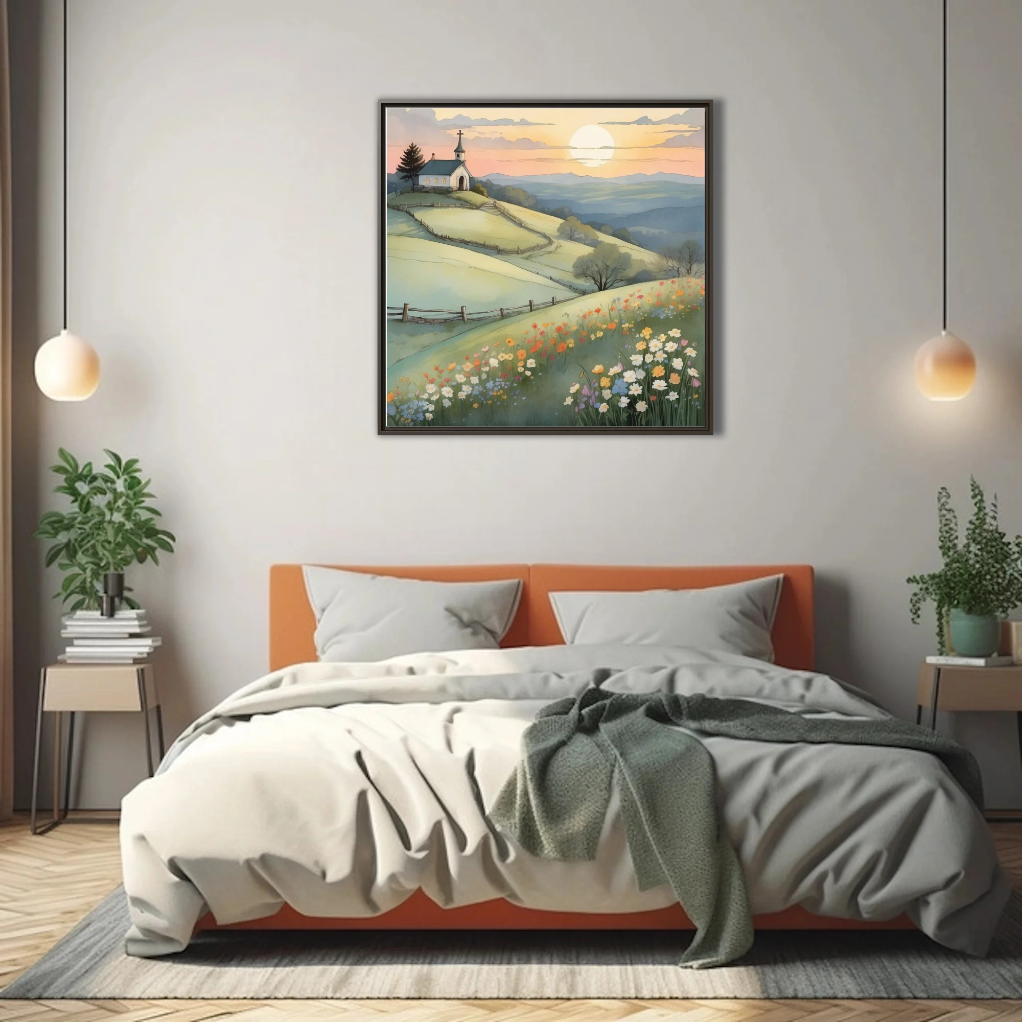 Watercolor-style pastoral chapel on rolling hills with wildflowers at golden hour