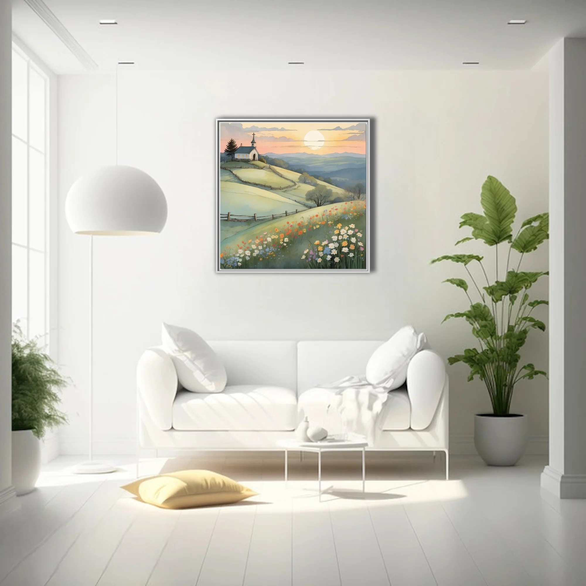 Watercolor-style pastoral chapel on rolling hills with wildflowers at golden hour