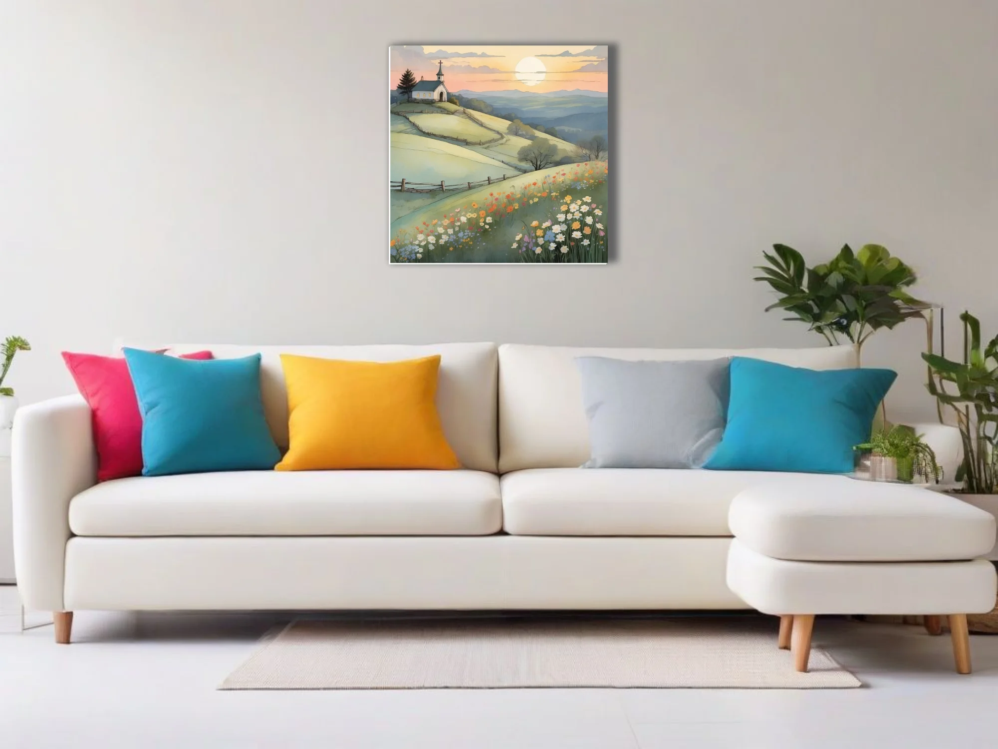 Watercolor-style pastoral chapel on rolling hills with wildflowers at golden hour