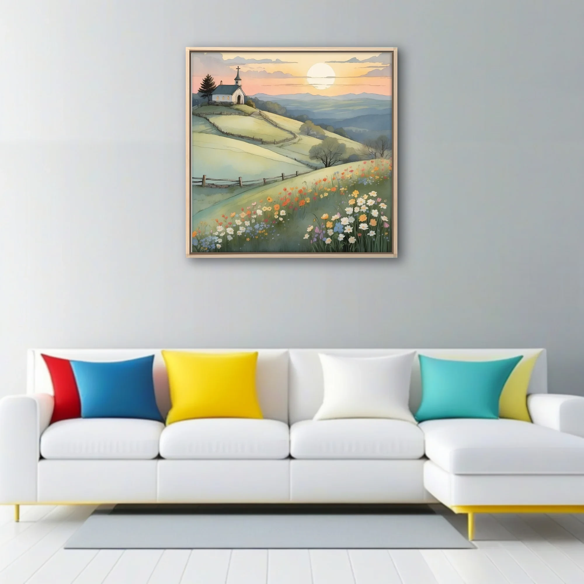 Watercolor-style pastoral chapel on rolling hills with wildflowers at golden hour