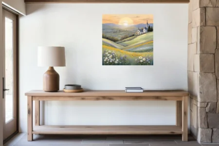 Watercolor-style pastoral landscape with wildflowers, chapel, and golden sunset over rolling hills