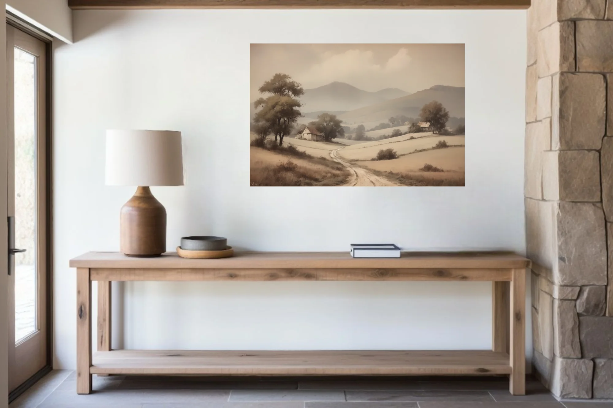 Sepia-toned rural landscape with winding track, farmhouses, and misty hills