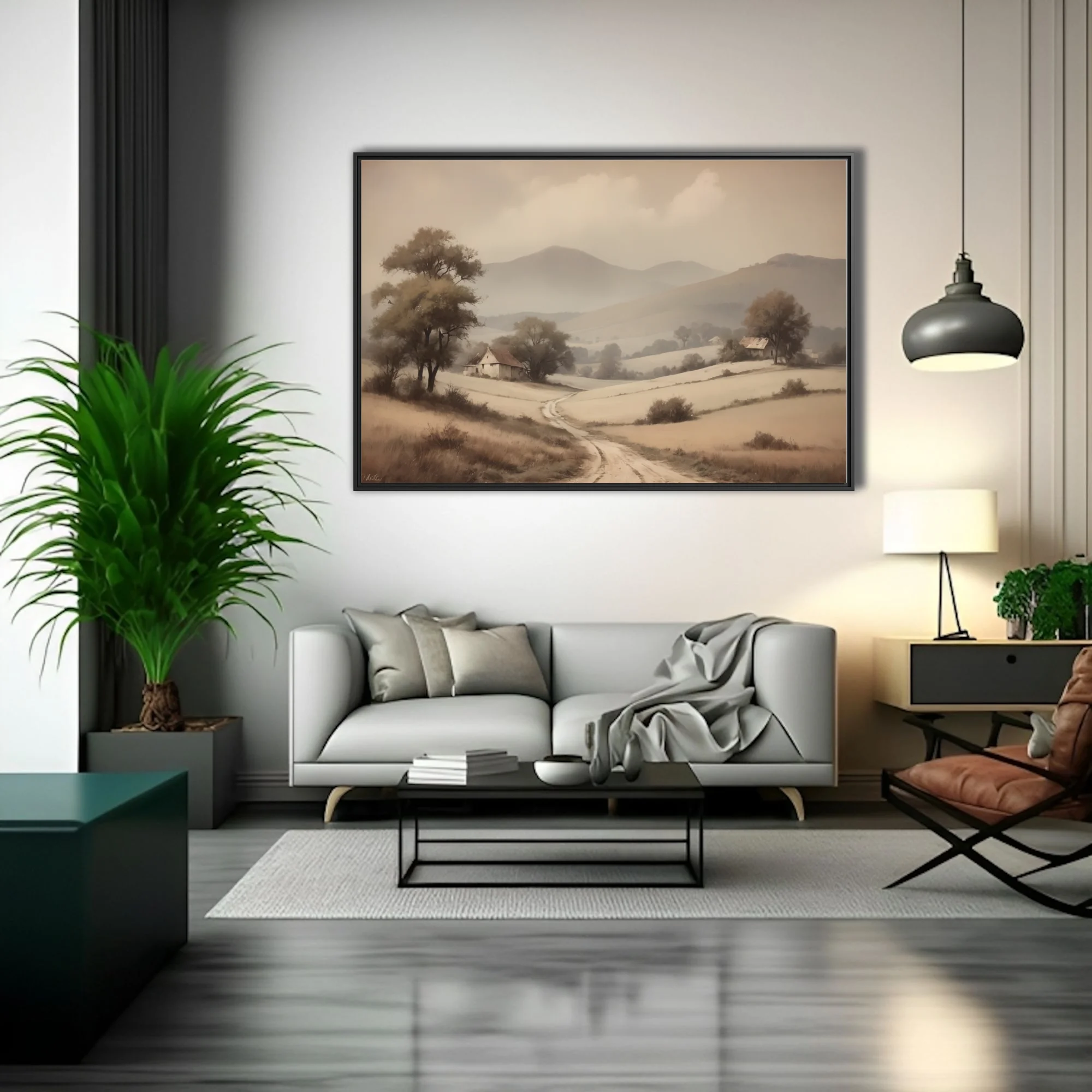Sepia-toned rural landscape with winding track, farmhouses, and misty hills