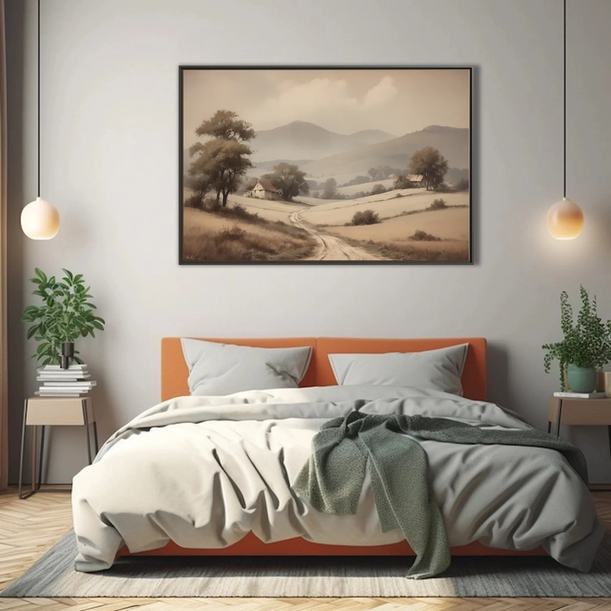 Sepia-toned rural landscape with winding track, farmhouses, and misty hills
