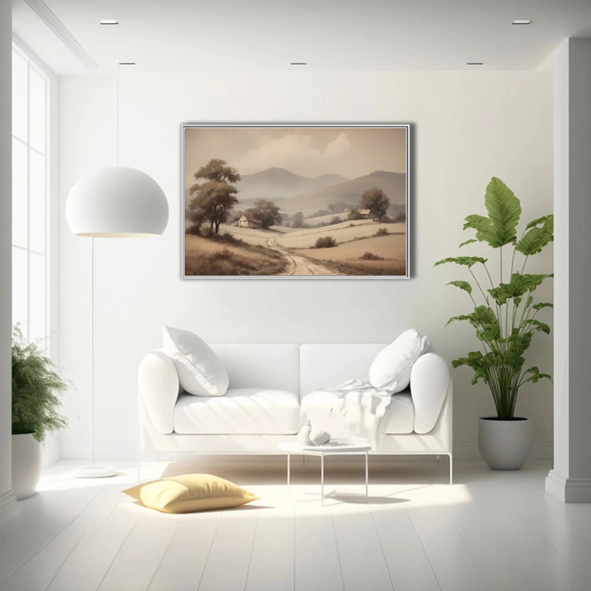 Sepia-toned rural landscape with winding track, farmhouses, and misty hills