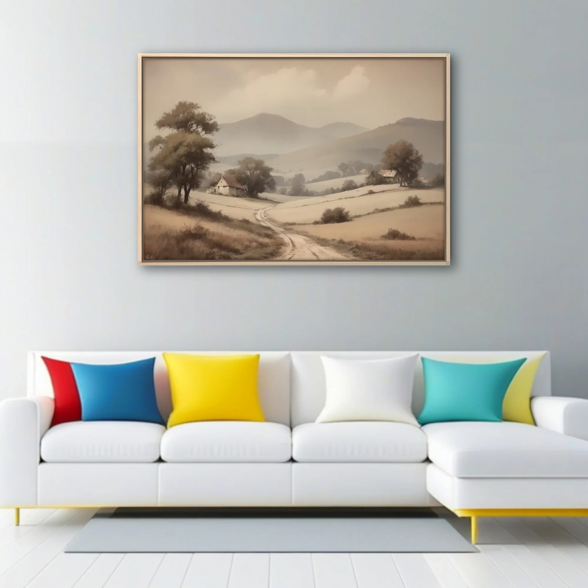 Sepia-toned rural landscape with winding track, farmhouses, and misty hills